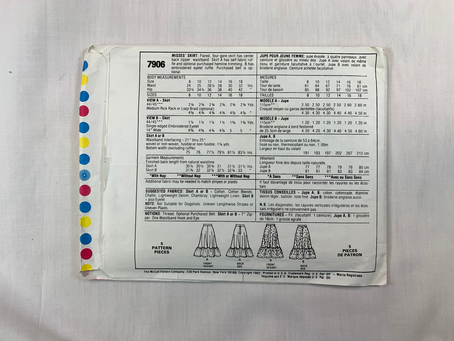 McCall's7906 Misses' Skirt, Size 8, Cut, Vintage 1982