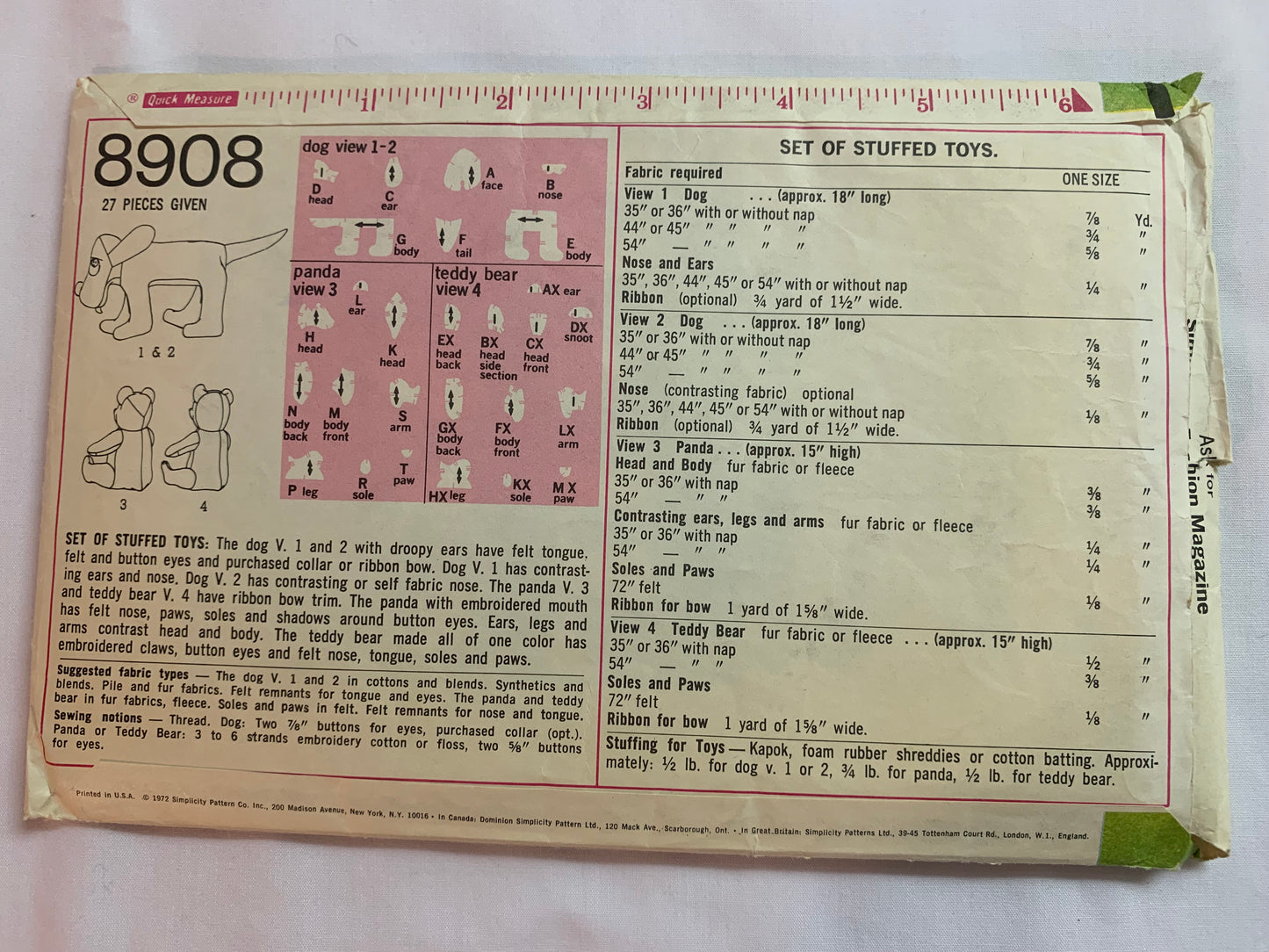 Simplicity Sewing Pattern 8908 Crafts, Stuffed Animals, Dog, Bear, Panda, Toys, Cut, Vintage 1972