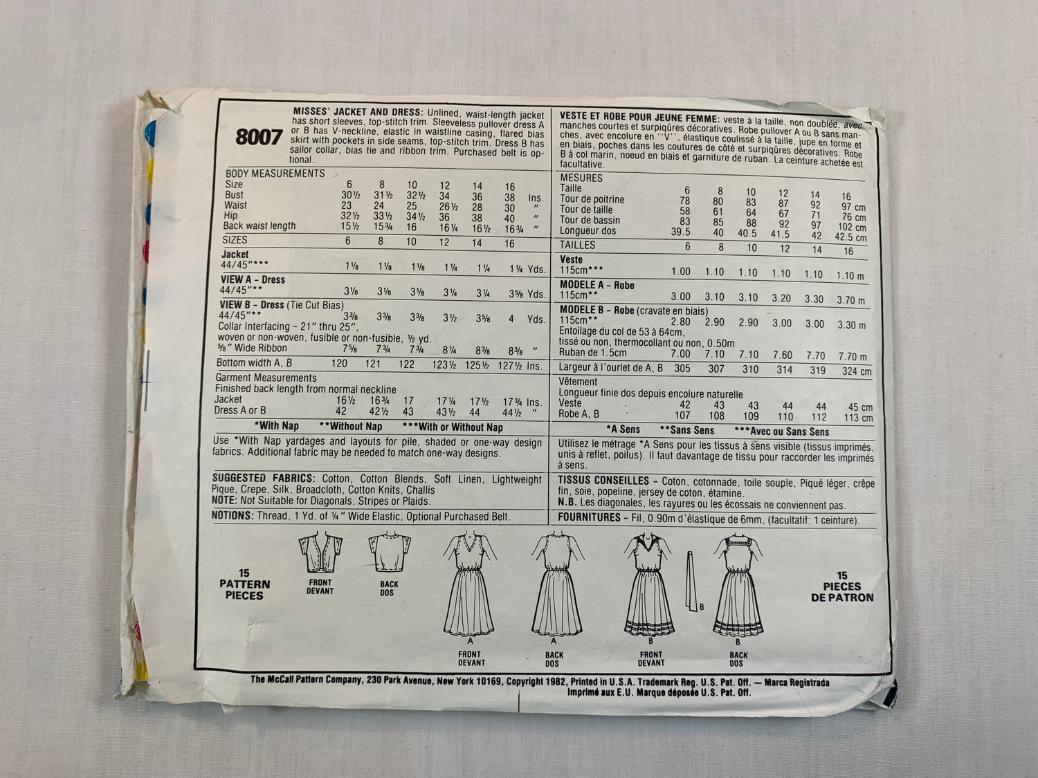 McCall's 8007 Misses' Jacket, Dress, Size 10-12, Cut, Vintage 1982