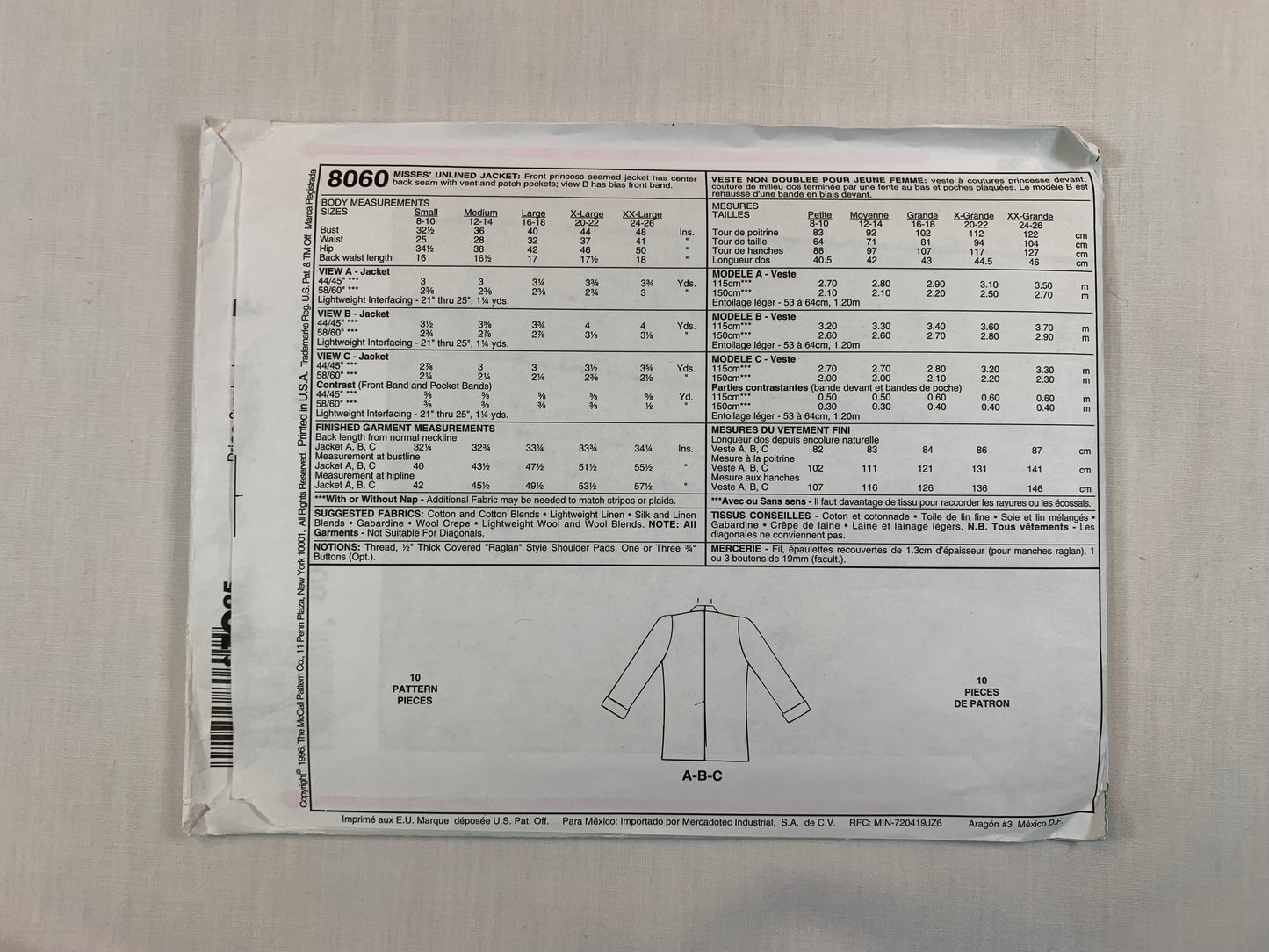 McCall's Sewing Pattern Palmer Pletsch 8060 Misses' Unlined Jackets, Princess Seams, Pockets, Long Sleeves, Button Front, Pockets, Size 8-10, Uncut, Vintage 1996