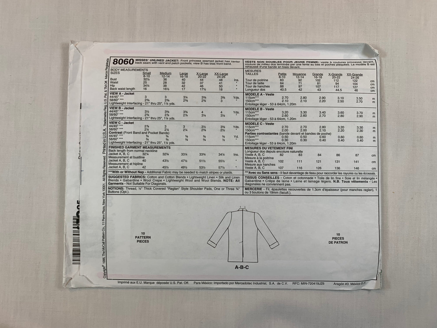 McCall's Sewing Pattern Palmer Pletsch 8060 Misses' Unlined Jackets, Princess Seams, Pockets, Long Sleeves, Button Front, Pockets, Size 8-10, Uncut, Vintage 1996