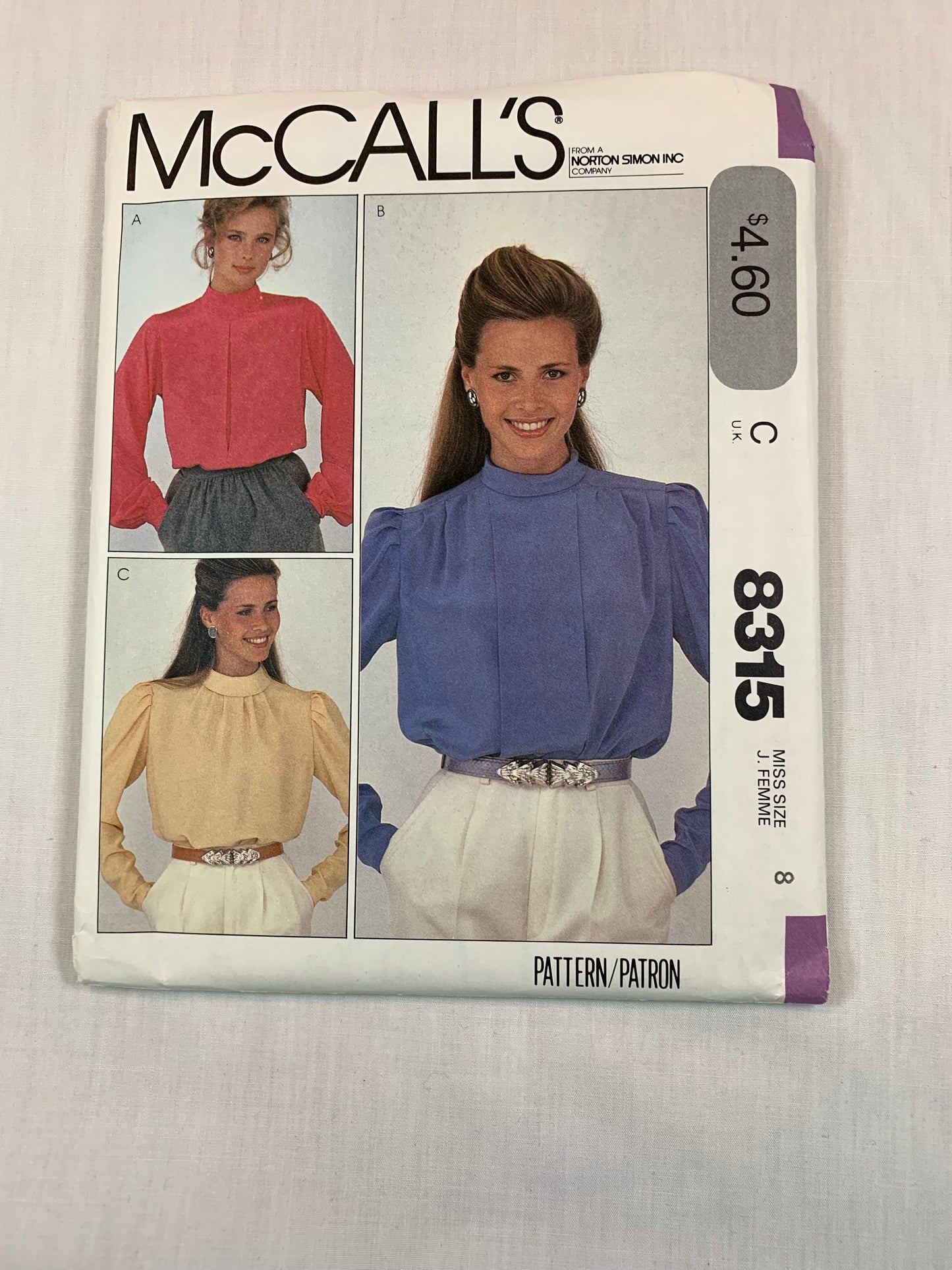 McCall's Sewing Pattern 8315 Misses' Blouse, Long Sleeves, Pullover, Button Back, Size 8, Uncut, Vintage 1982