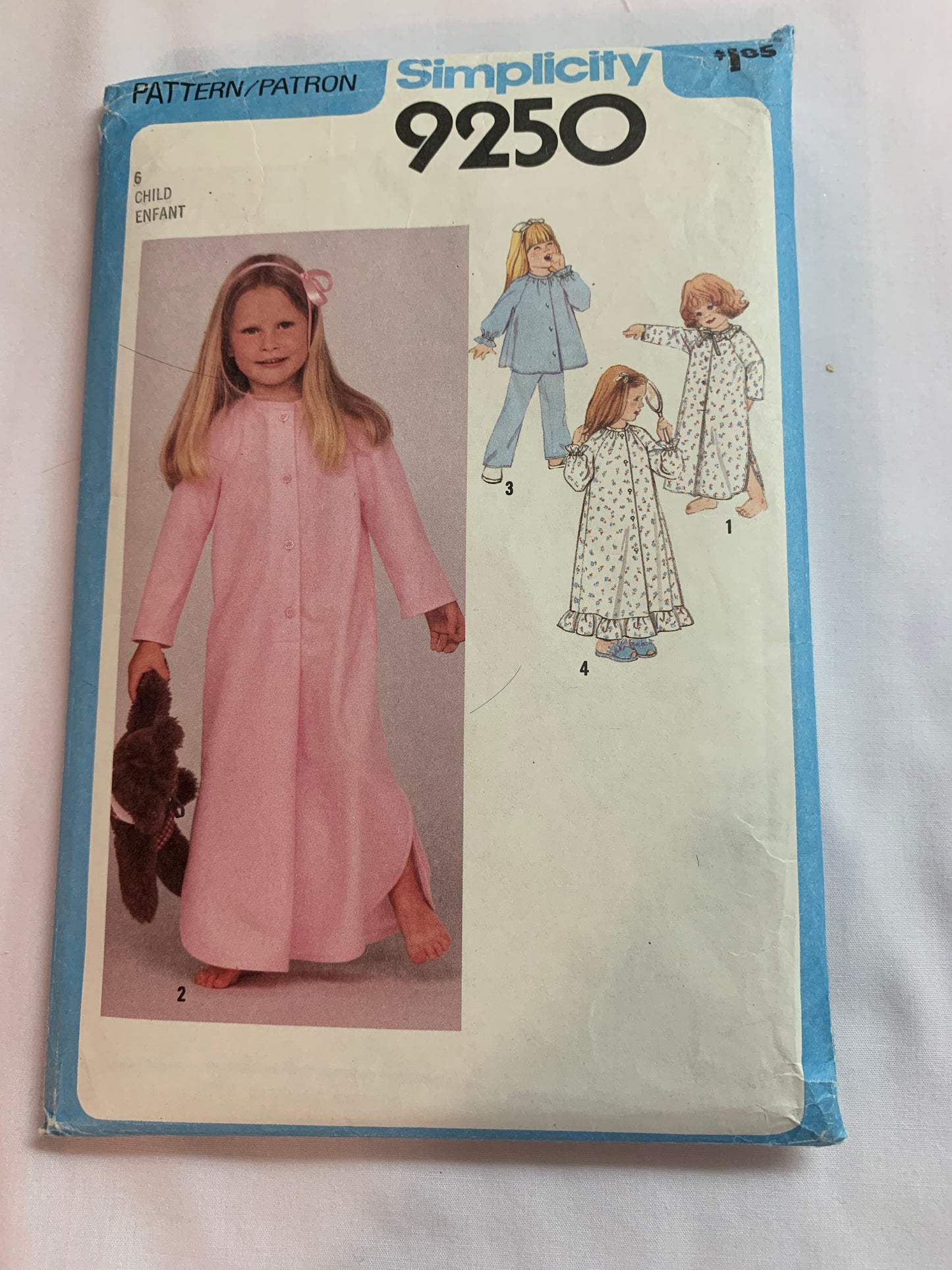Simplicity Sewing Pattern 9250 Girls' Sleepwear, Housecoat, Pajamas, Robe, Top, Pants, Long Sleeves, Pockets, Button Front, Ruffle, Size 6, Cut, Vintage 1979