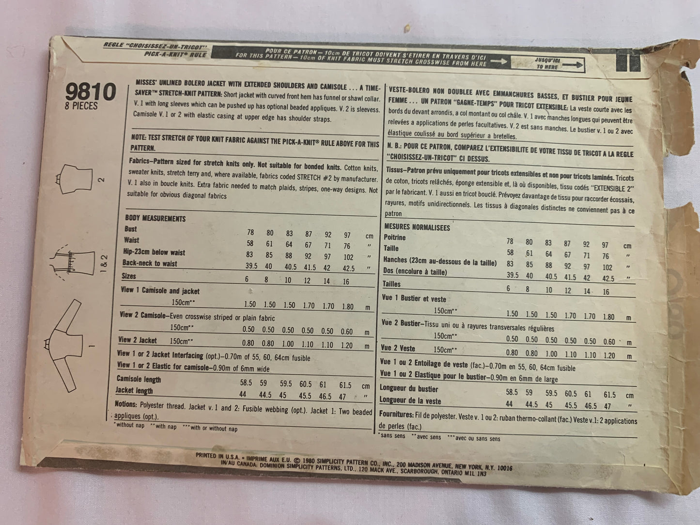 Simplicity Sewing Pattern 9810 Misses' Dress, Unlined Bolero Jacket, Camisole, Size 16, Cut, Vintage 1980