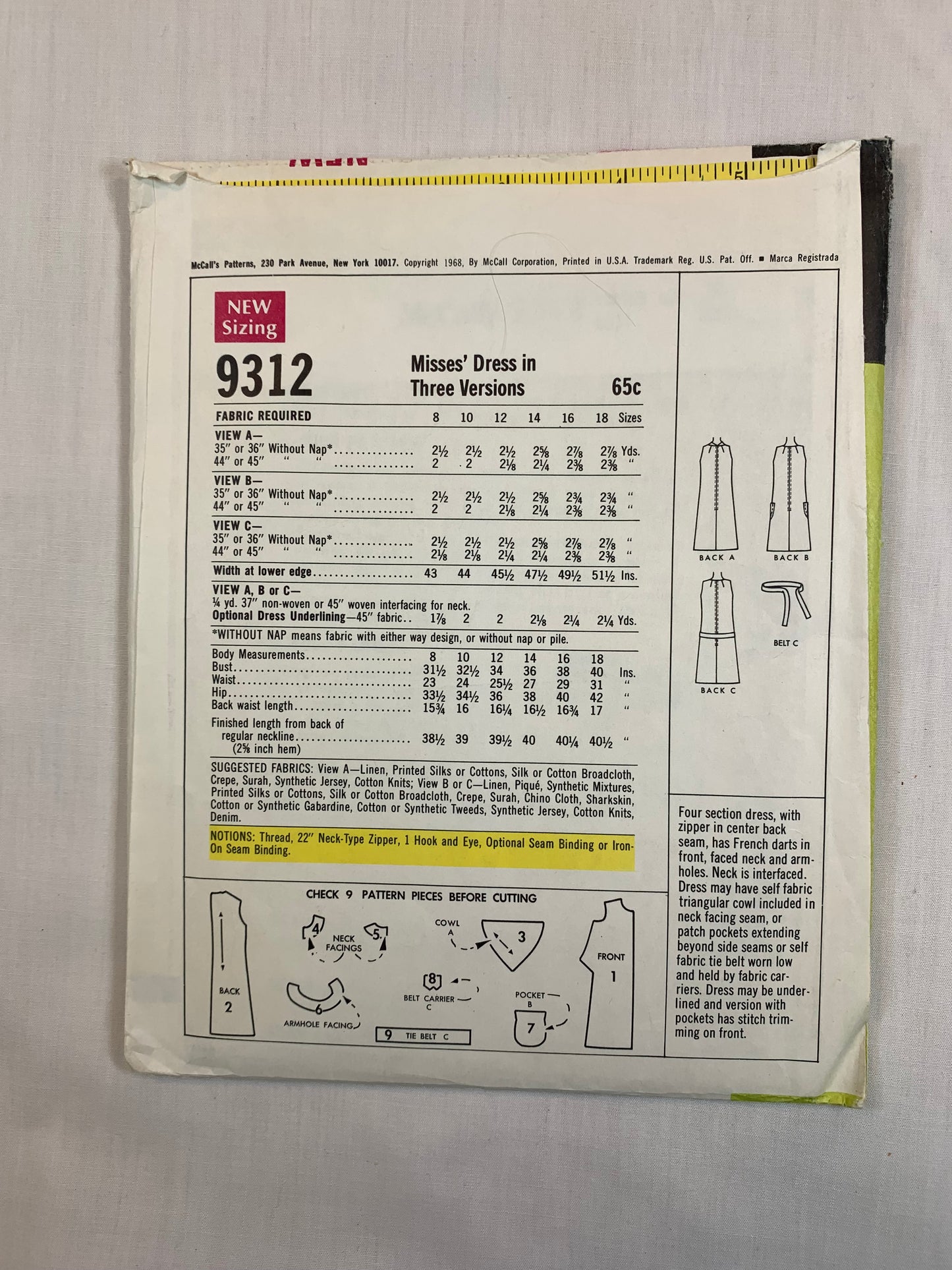 McCall's 9312 Misses' Dress, Size 10, Cut, Vintage 1968