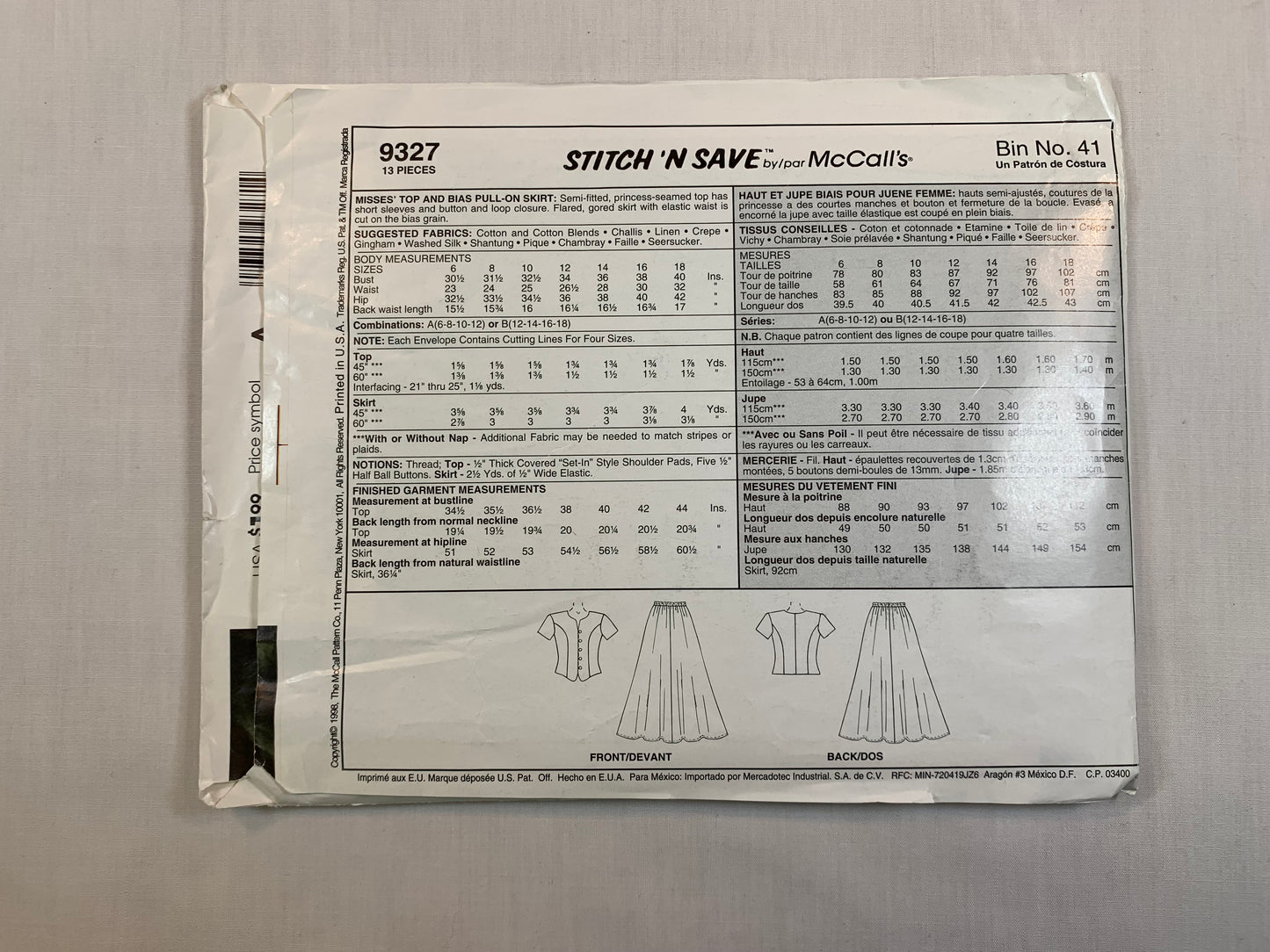 McCall's 9327 Stitch 'N Save Top, Bias Pull-On Skirt, Size 6-12, Uncut, Vintage 1998