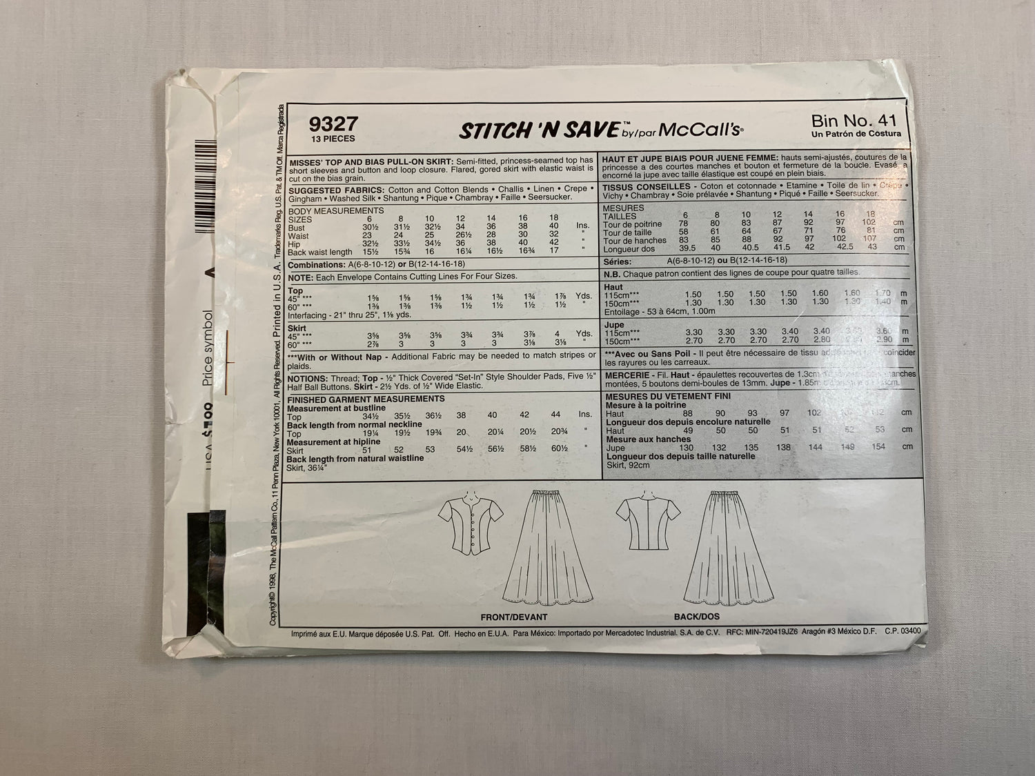 McCall's 9327 Stitch 'N Save Top, Bias Pull-On Skirt, Size 6-12, Uncut, Vintage 1998