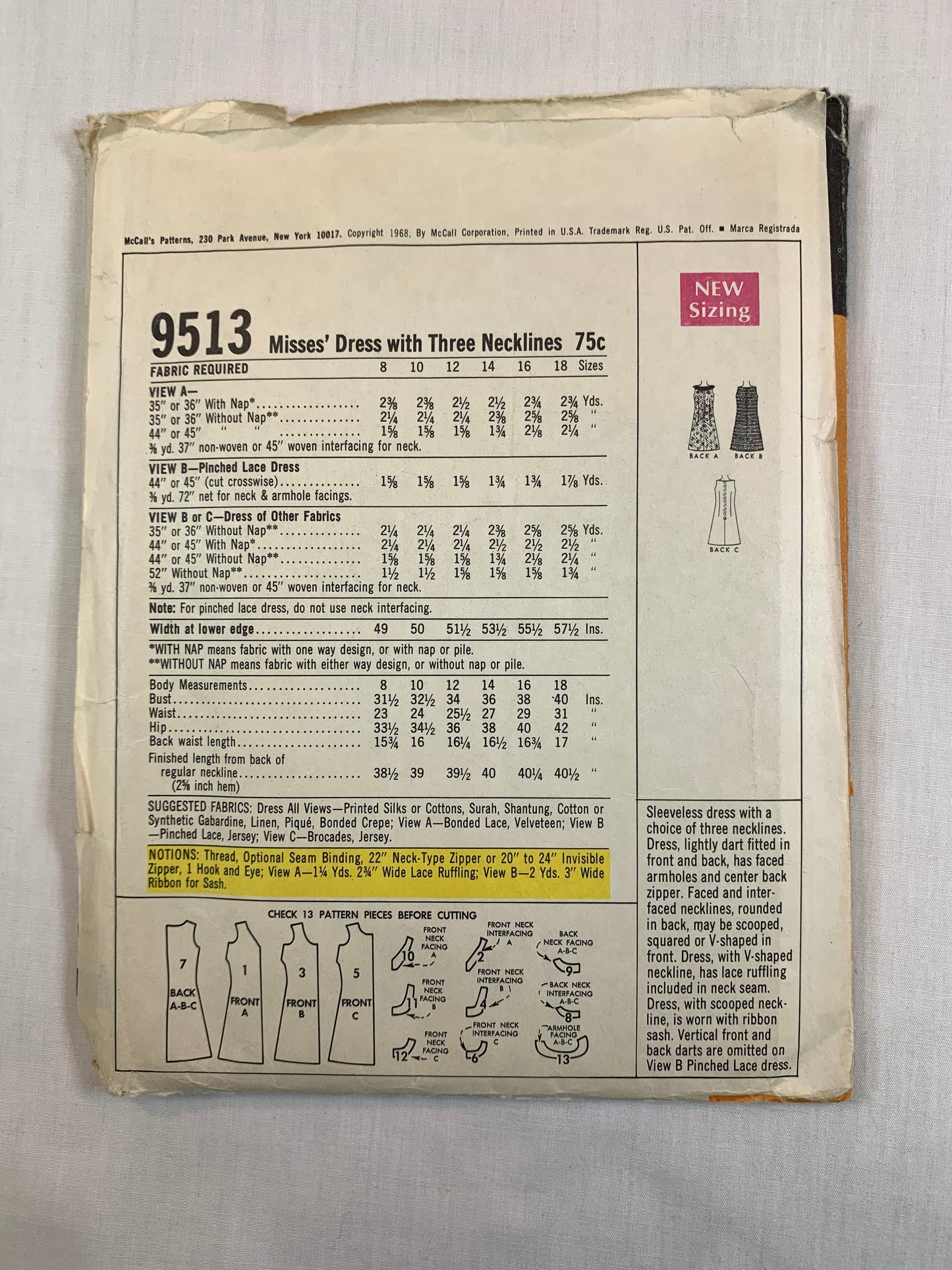 McCall's 9513 Misses' Dress. Size 12, Cut, Vintage 1968