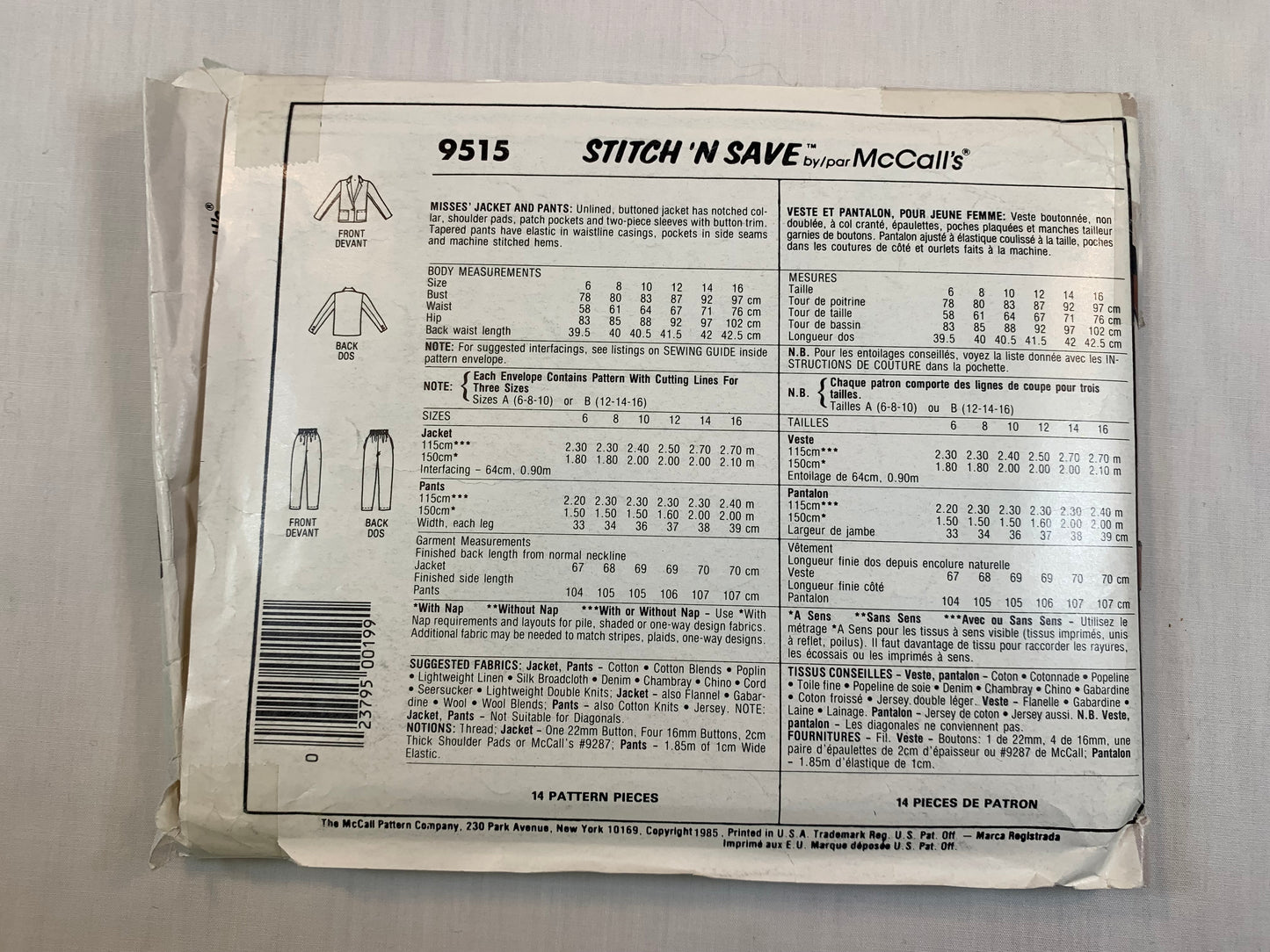 McCall's 9515 Misses', Jacket, Pants, Size 6-10, Cut, Vintage 1985