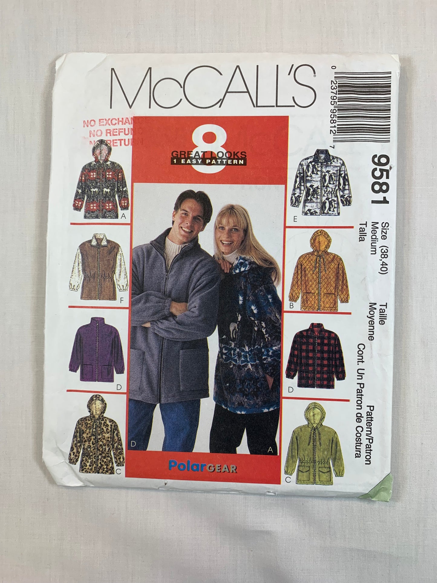 McCall's Sewing Pattern 9581 Misses'/Men's Unisex Jacket, Zipper Front, Pockets, Elastic Waist, Hood, Size 38-40, Cut, Vintage 1998