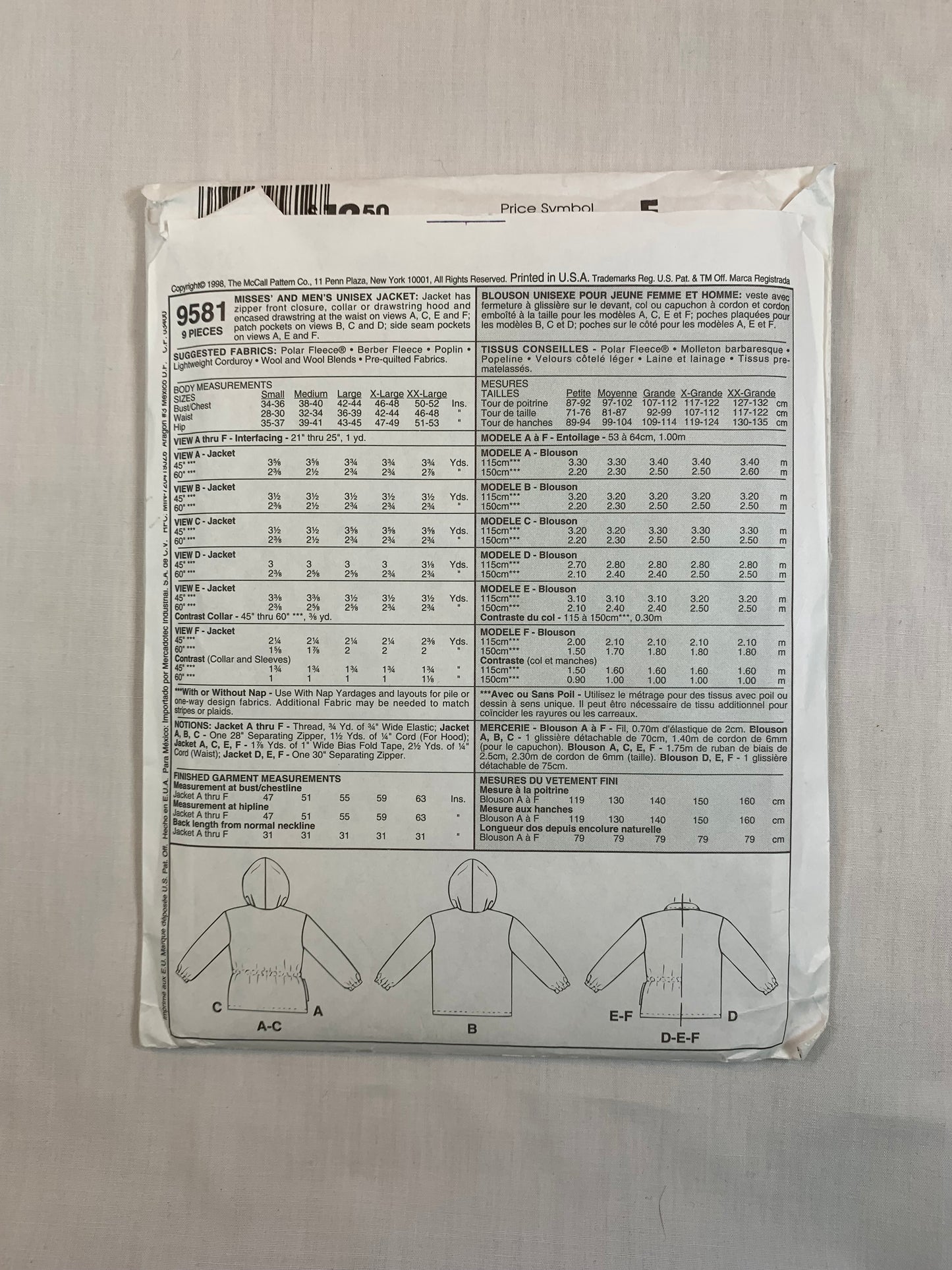 McCall's Sewing Pattern 9581 Misses'/Men's Unisex Jacket, Zipper Front, Pockets, Elastic Waist, Hood, Size 38-40, Cut, Vintage 1998