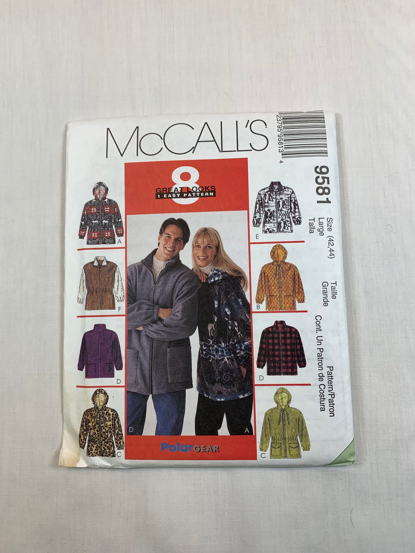 McCall's Sewing Pattern 9581 Misses'/Men's Unisex Jacket, Zipper Front, Pockets, Elastic Waist, Hood, Size 42-44, Uncut, Vintage 1998