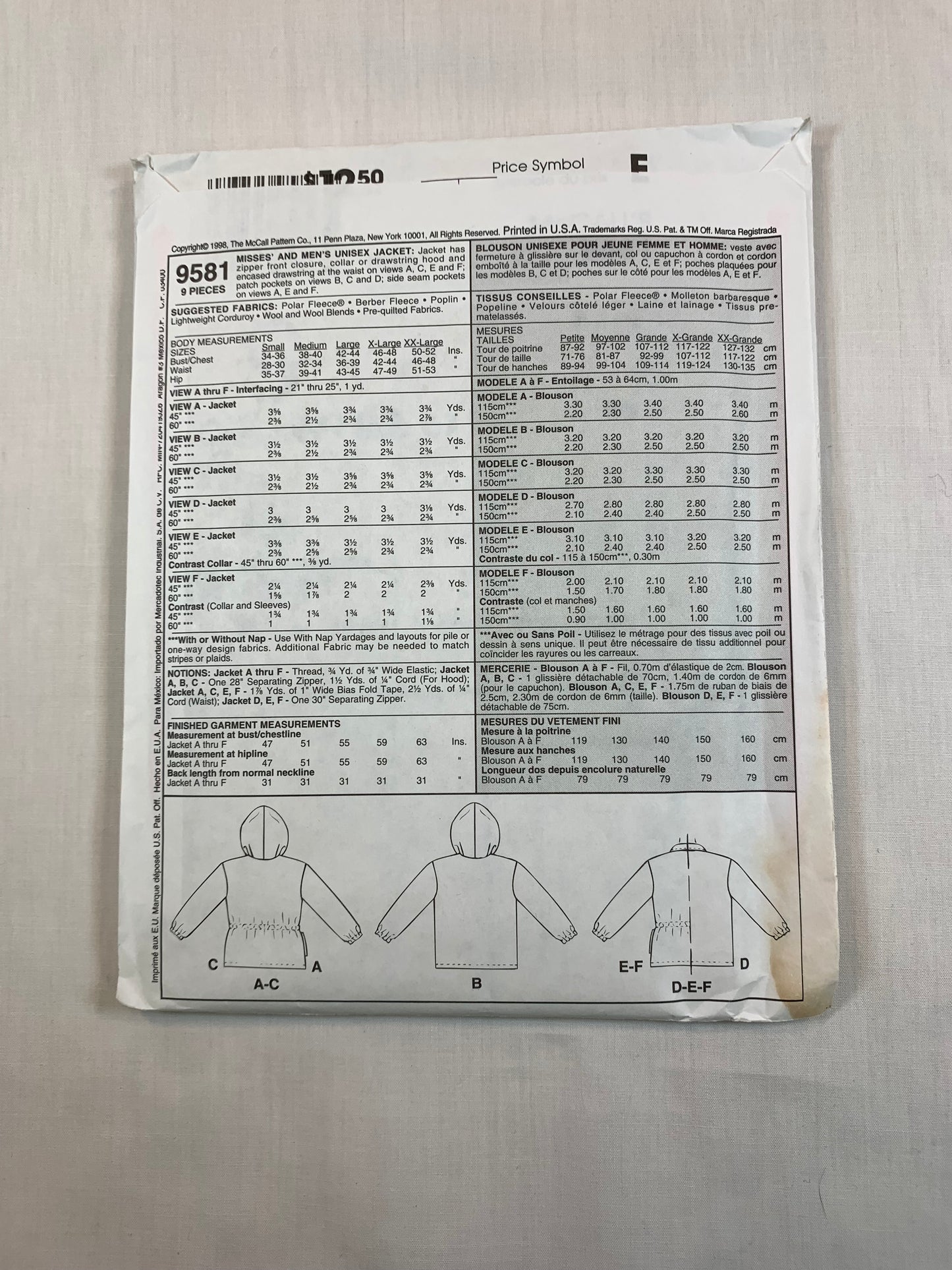 McCall's Sewing Pattern 9581 Misses'/Men's Unisex Jacket, Zipper Front, Pockets, Elastic Waist, Hood, Size 42-44, Uncut, Vintage 1998