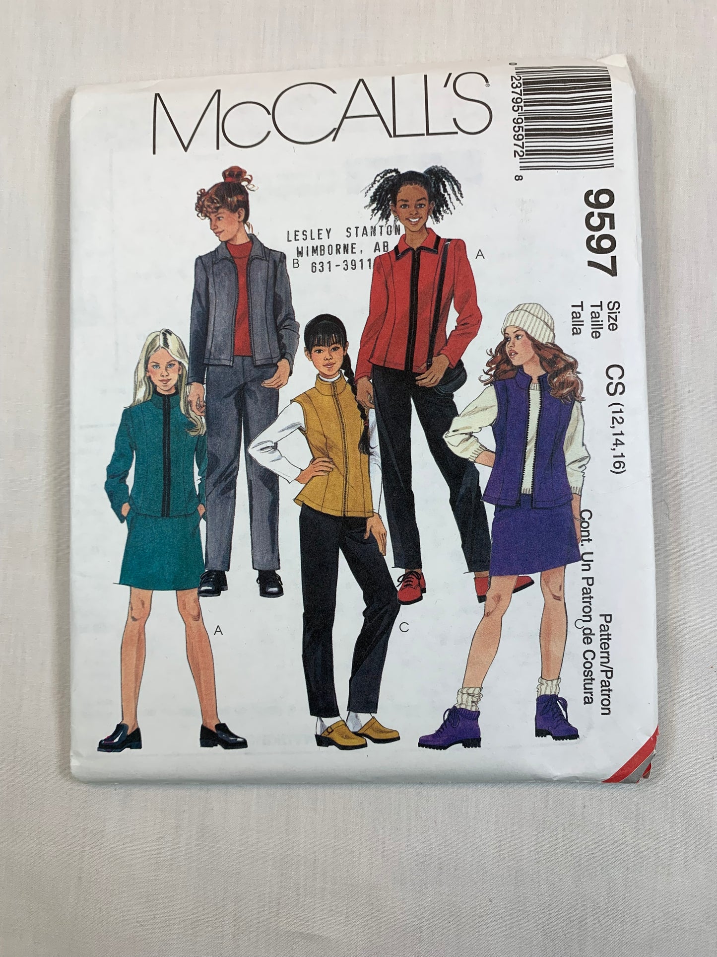 McCall's Sewing Pattern 9597 Girls' Unlined Jacket, Vest, Pull-On Pants Skirt, Princess Seams, Zipper Front, Collar, Elastic Waist, Pockets, Size 12-16, Uncut, Vintage 1998