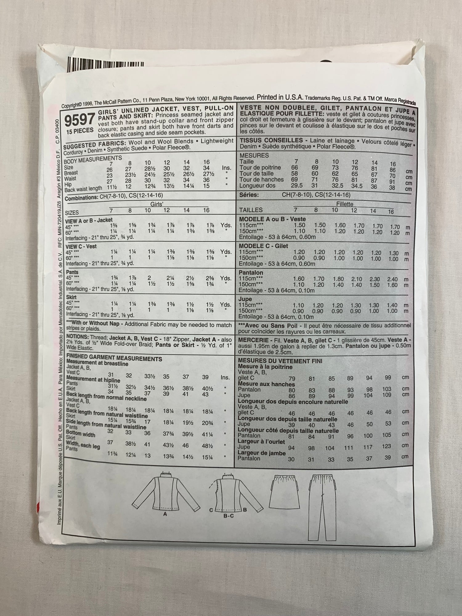 McCall's Sewing Pattern 9597 Girls' Unlined Jacket, Vest, Pull-On Pants Skirt, Princess Seams, Zipper Front, Collar, Elastic Waist, Pockets, Size 12-16, Uncut, Vintage 1998