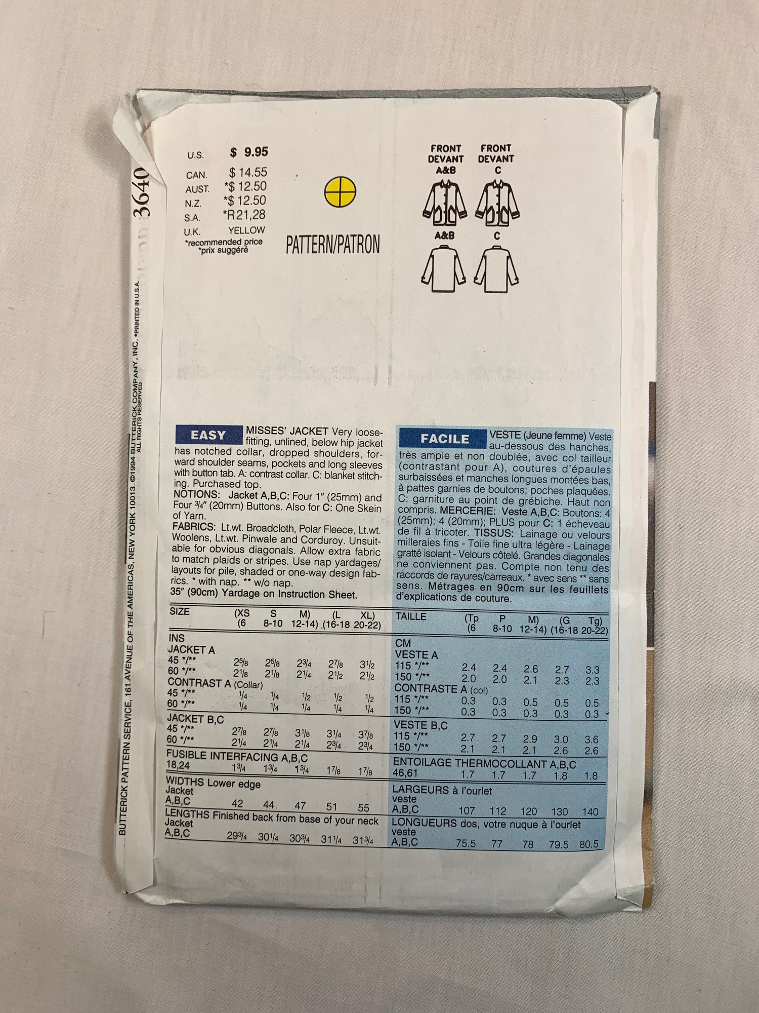 Butterick Sewing Pattern 3640 Misses' Jacket, Loose-Fitting, Unlined, Collar, Pockets, Long Sleeves, Size 6-14, Cut, Vintage 1994