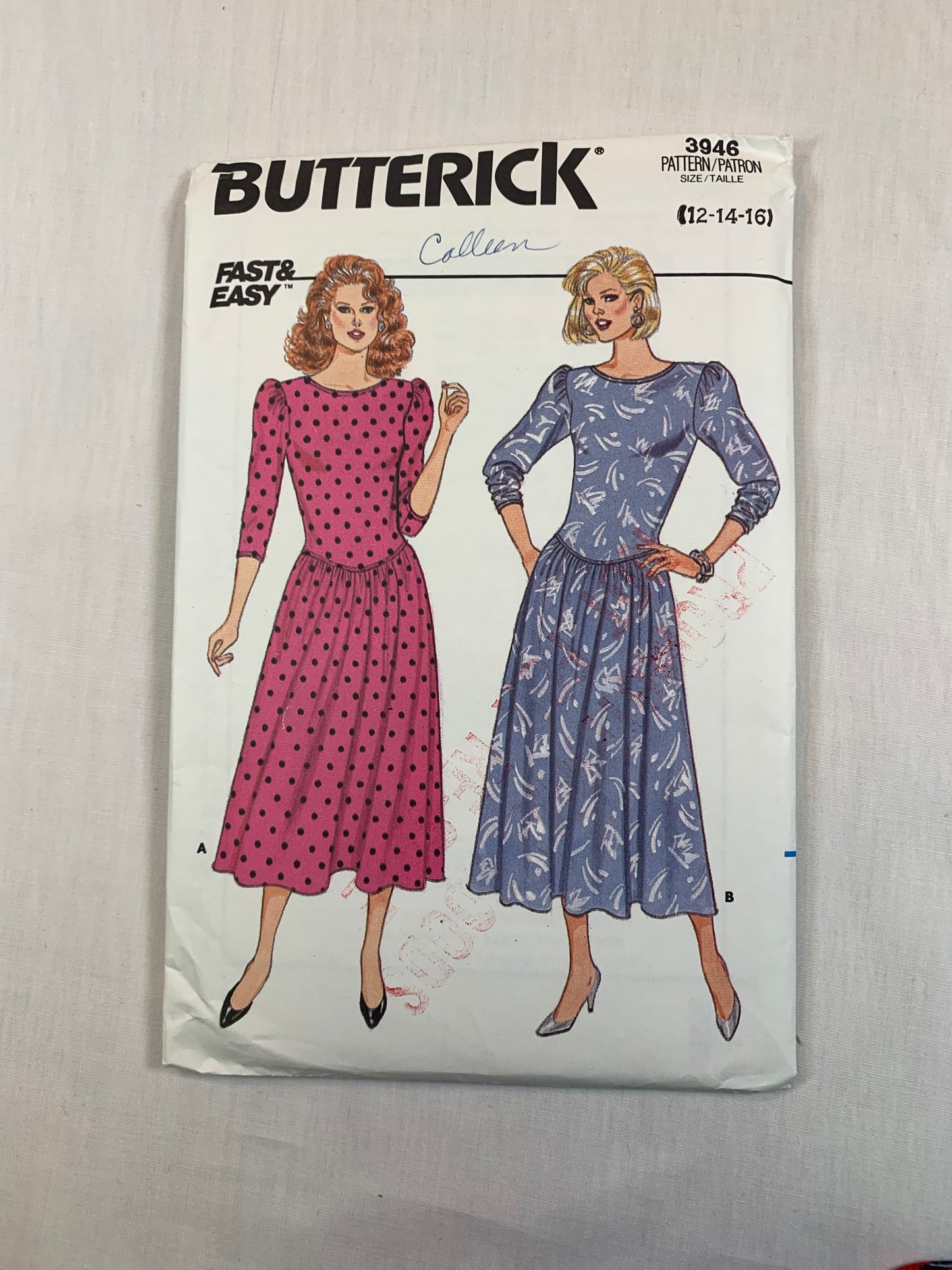 Butterick Sewing Pattern 3946 Misses' Dress, Two Lengths, Close-fitting, Dropped Waist, Flared, Zipper Back, Size 12-16, Uncut, Vintage 1986