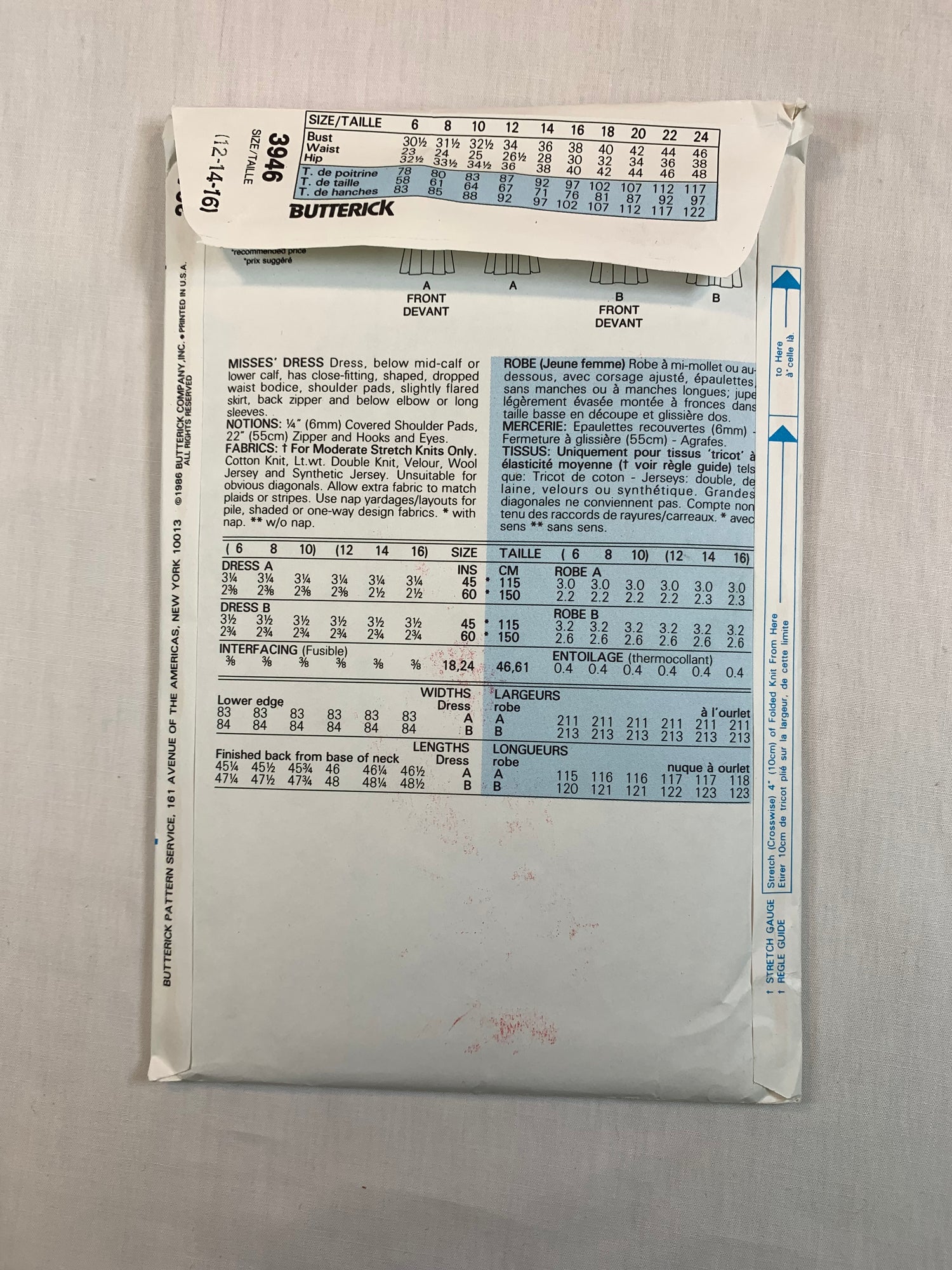 Butterick Sewing Pattern 3946 Misses' Dress, Two Lengths, Close-fitting, Dropped Waist, Flared, Zipper Back, Size 12-16, Uncut, Vintage 1986