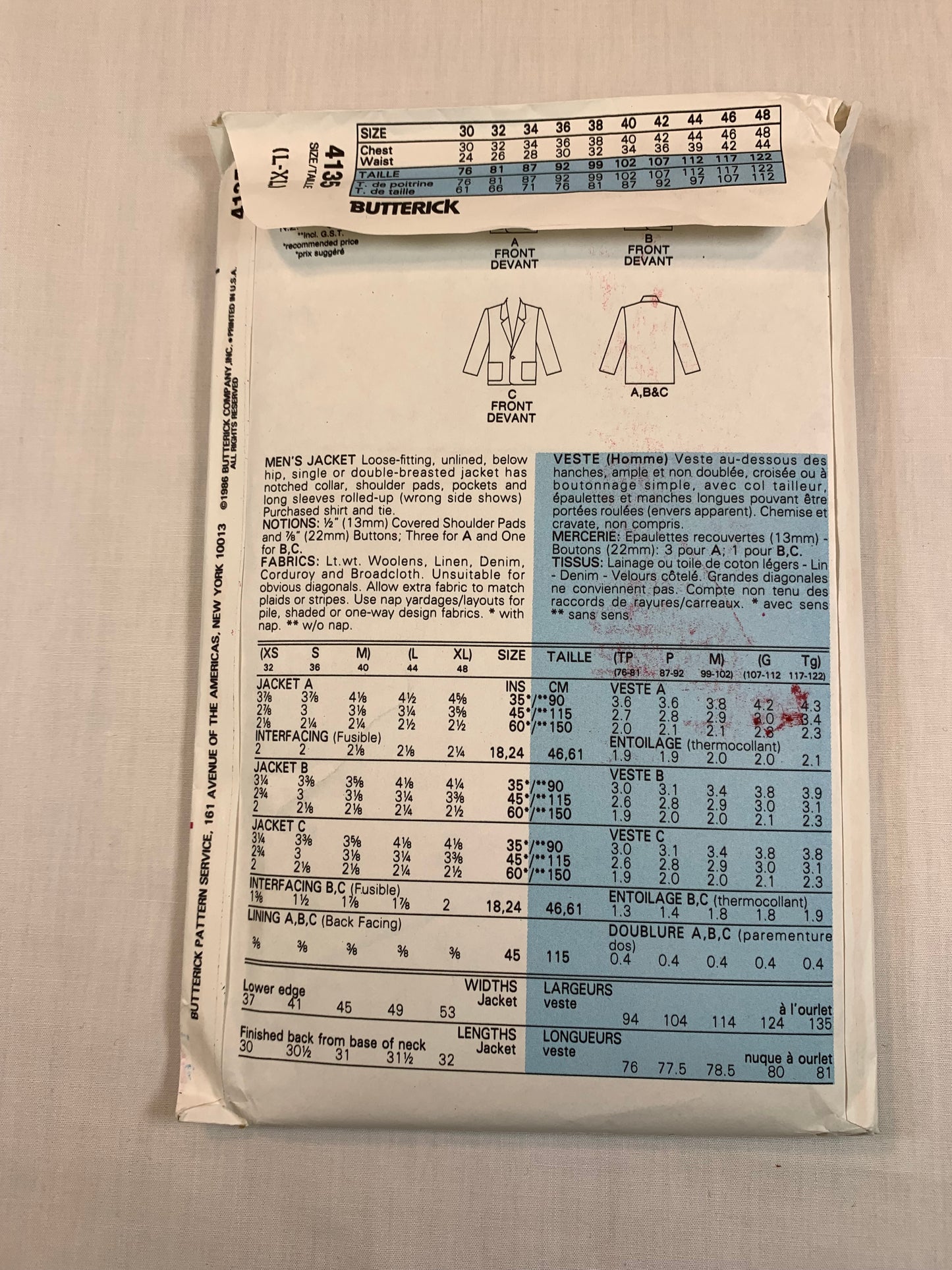 Butterick 4135, Men's Jacket, Size 44-48, Uncut, Vintage 1986