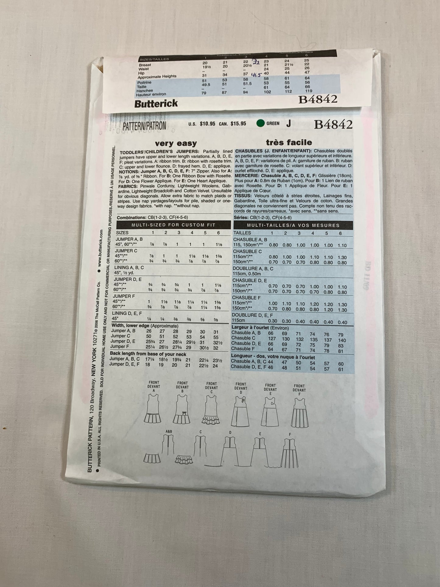 Butterick B4842 Toddlers' Girls' Jumpers, Size 4, Cut, 2006