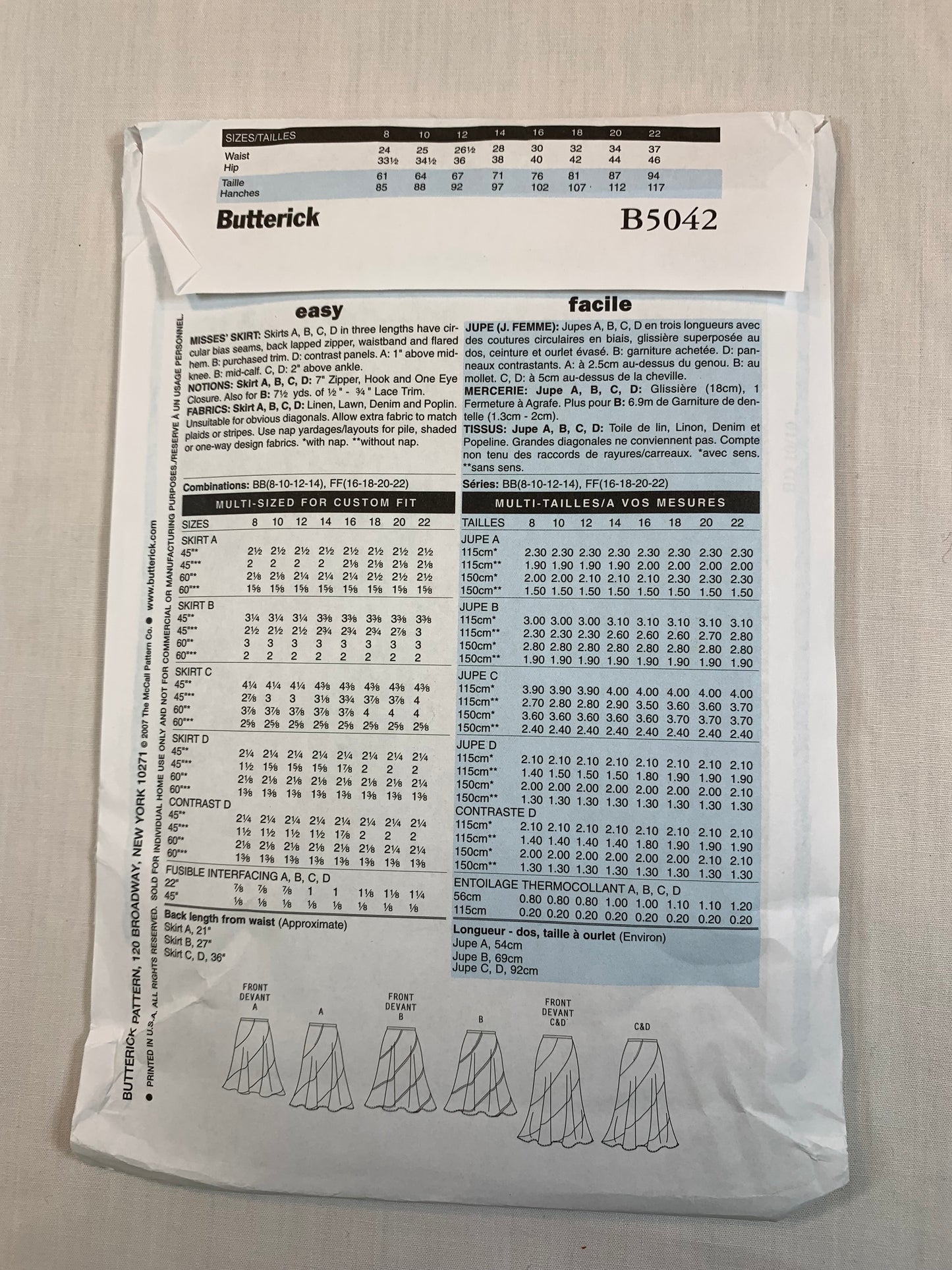 Butterick B5042 Misses' Skirts, Size 8-14, Uncut, 2007