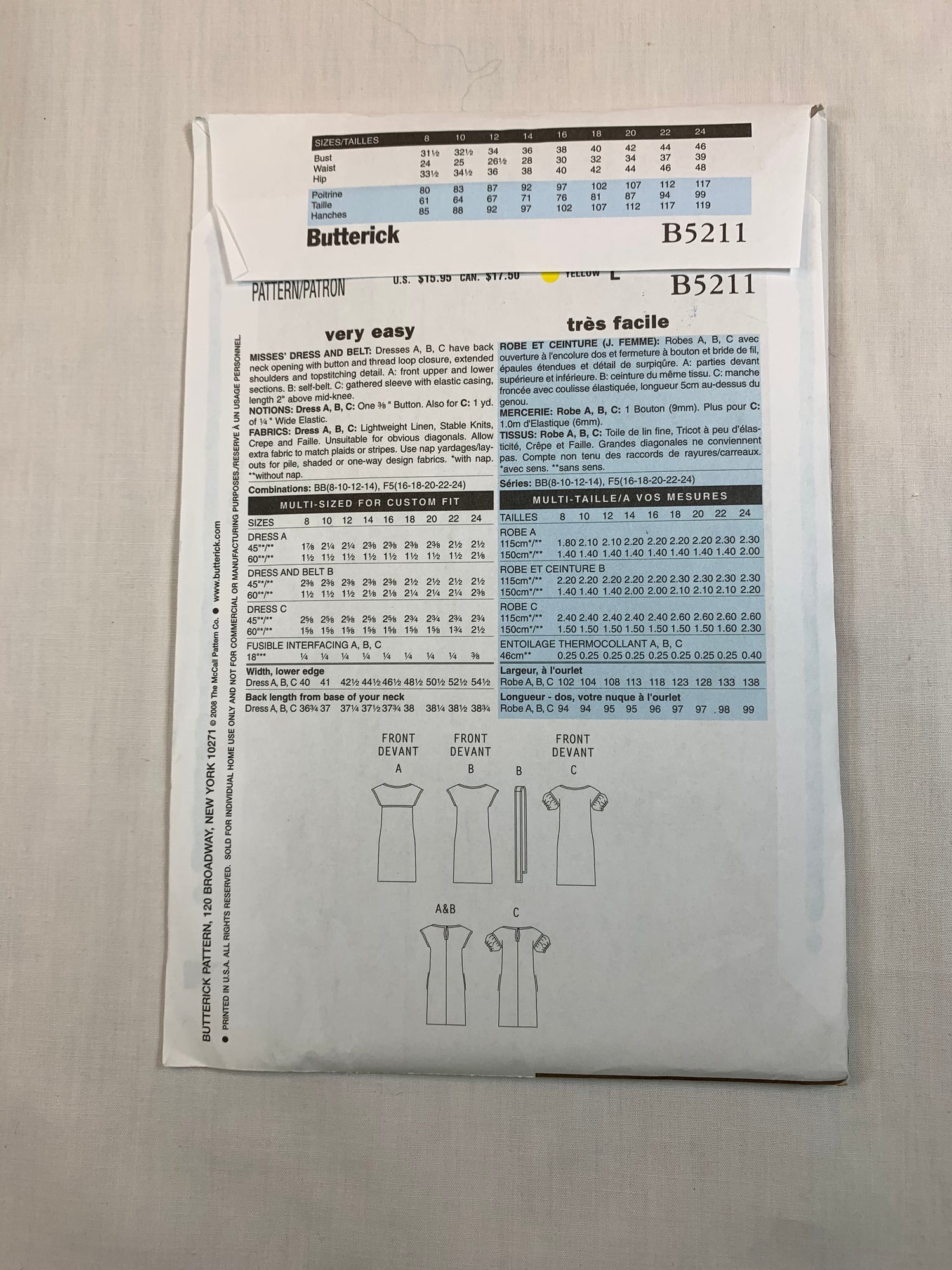 Butterick B5211 Misses' Dress, Belt, Size 8-14, Uncut, 2008