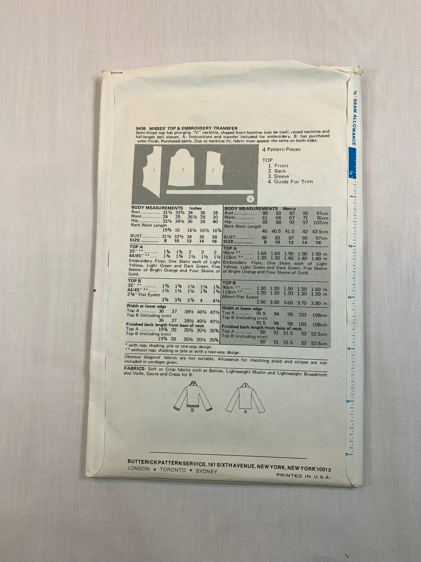Butterick 5436 Misses' Tops, Embroidery Transfers, Size 14, Cut, Vintage 1977