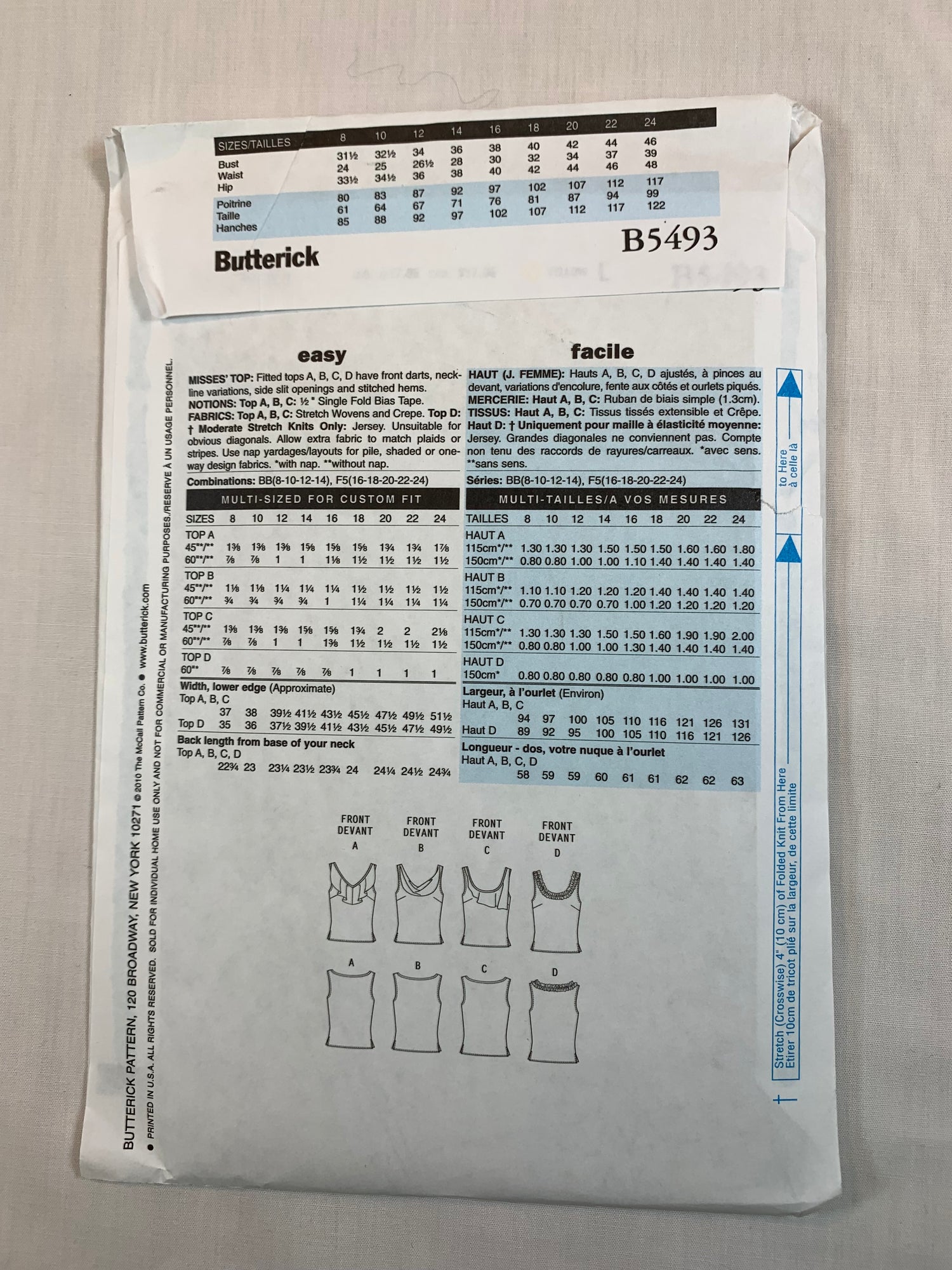 Butterick B5493 Misses' Top, Size 8-14, Uncut, 2010