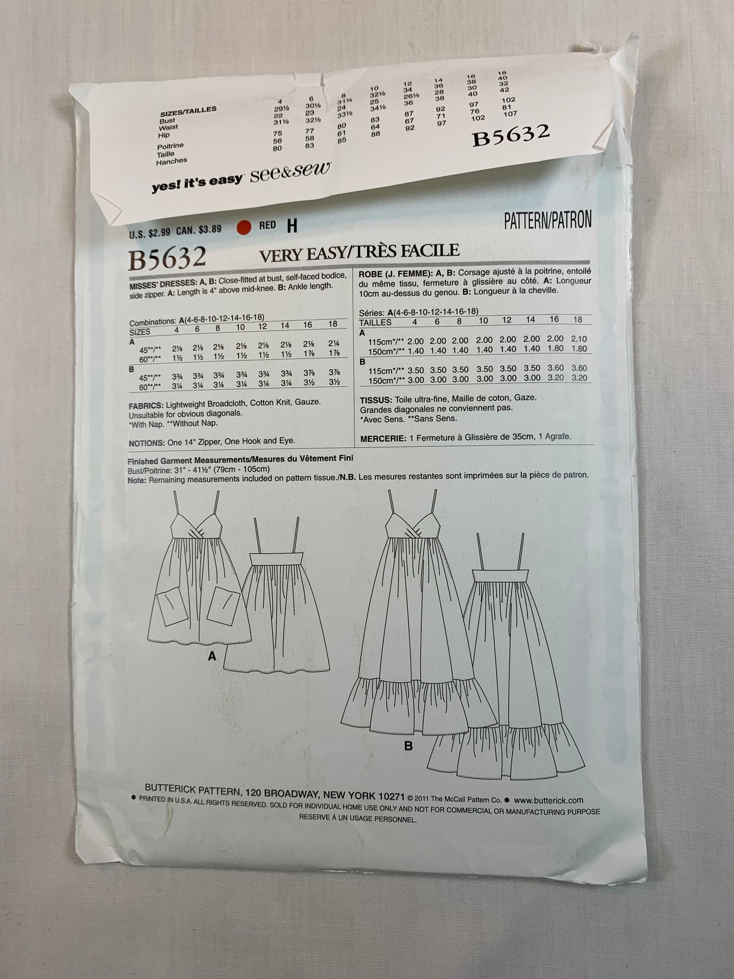 Butterick B5632 Misses' Dress, Size 4-18, Uncut, 2011