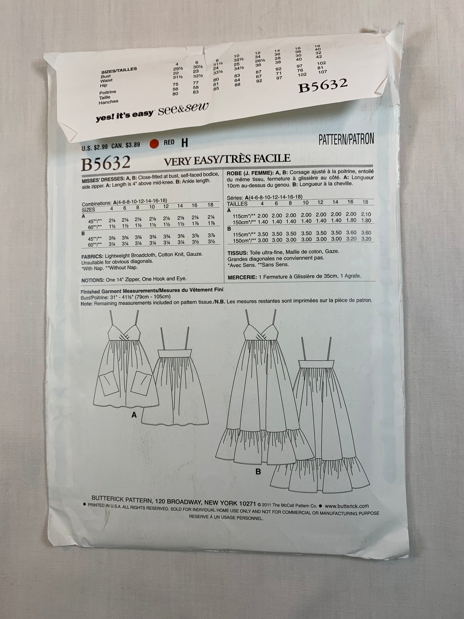 Butterick B5632 Misses' Dress, Size 4-18, Uncut, 2011