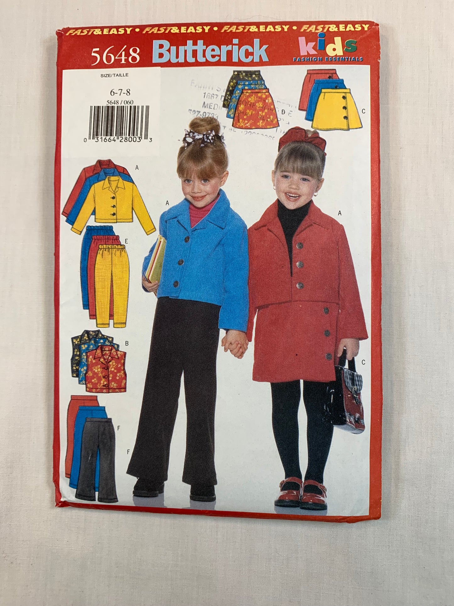Butterick 5648 Girls' Skirt, Pants, Jacket, Vest, Size 6-8, Uncut, Vintage 1998