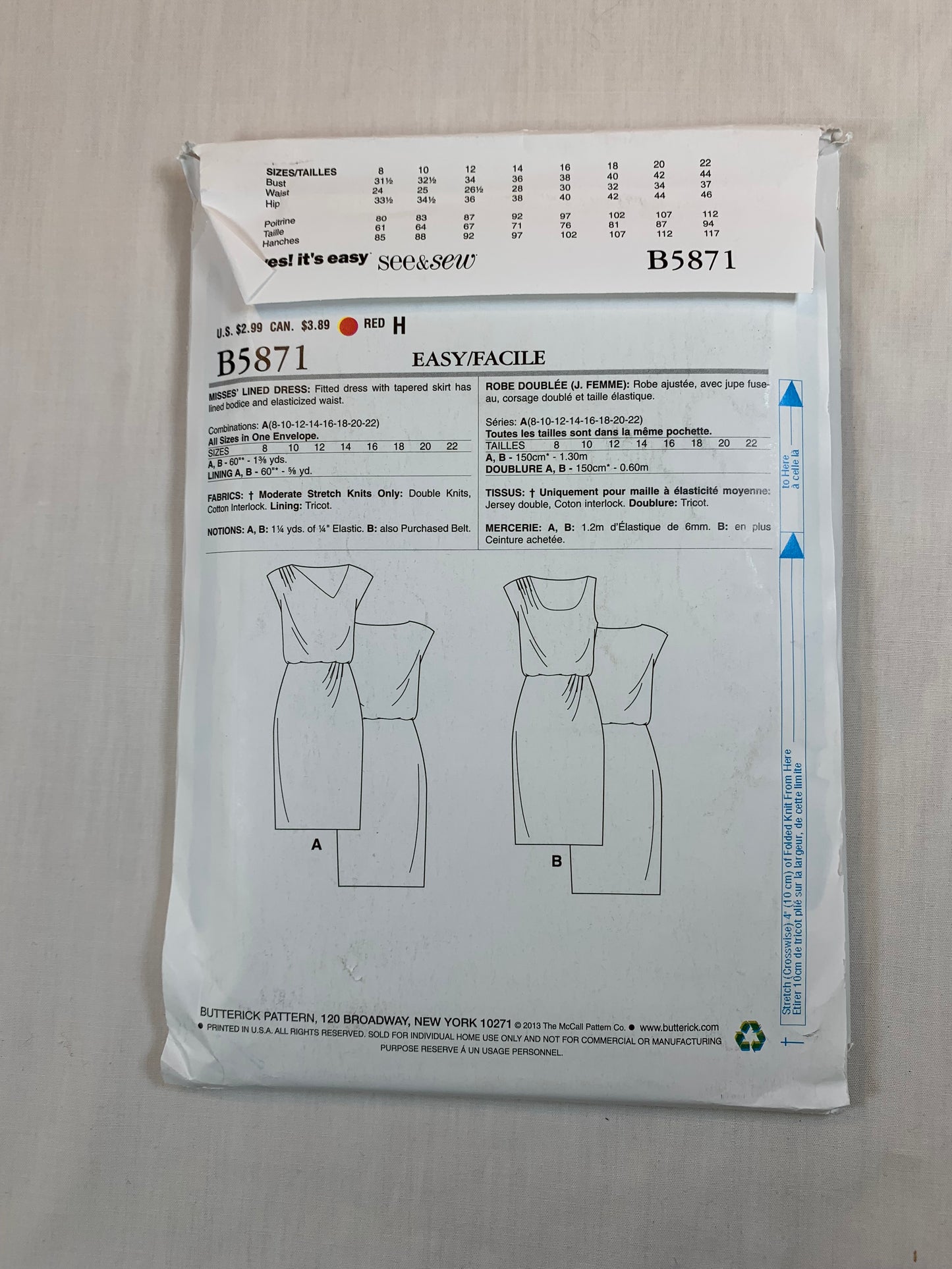 Butterick B5871 Misses' Lined Dress, Size 8-22, Uncut, 2013
