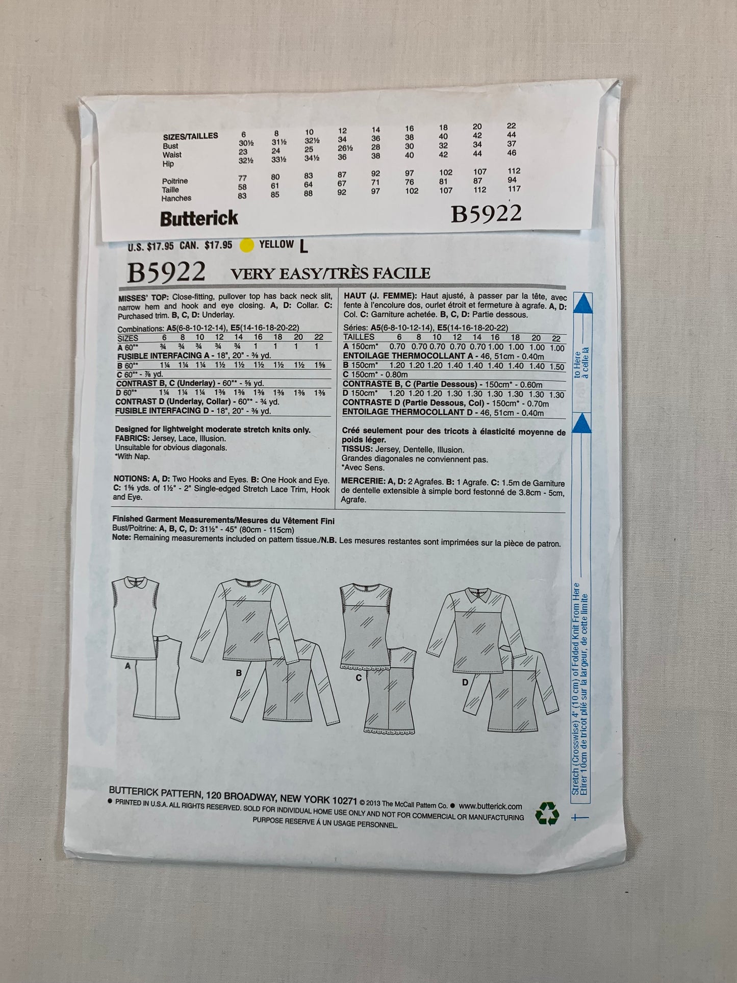 Butterick Sewing Pattern B5922 Misses' Tops, Sleeveless, Long Sleeves, Collar, 4 Variations. Pullover, Size 6-14, Uncut, 2013