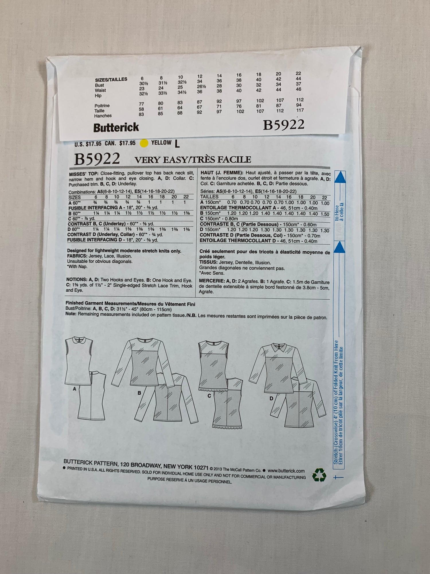 Butterick Sewing Pattern B5922 Misses' Tops, Sleeveless, Long Sleeves, Collar, 4 Variations. Pullover, Size 6-14, Uncut, 2013