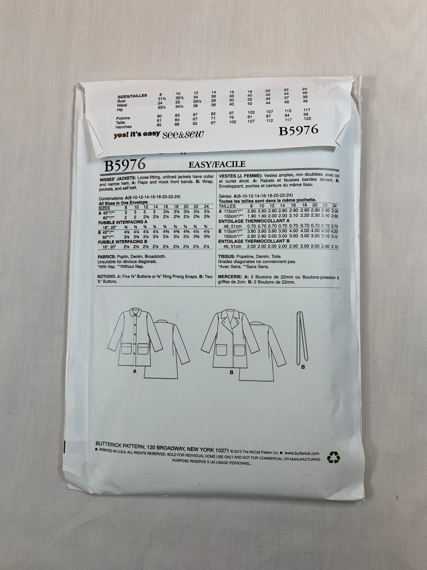 Butterick 5642 See & Sew Misses' Jackets, Size 8-24, Uncut, 2017