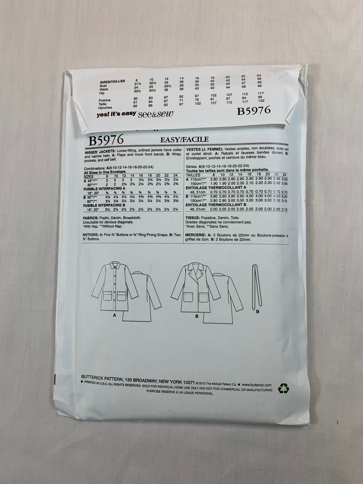 Butterick 5642 See & Sew Misses' Jackets, Size 8-24, Uncut, 2017