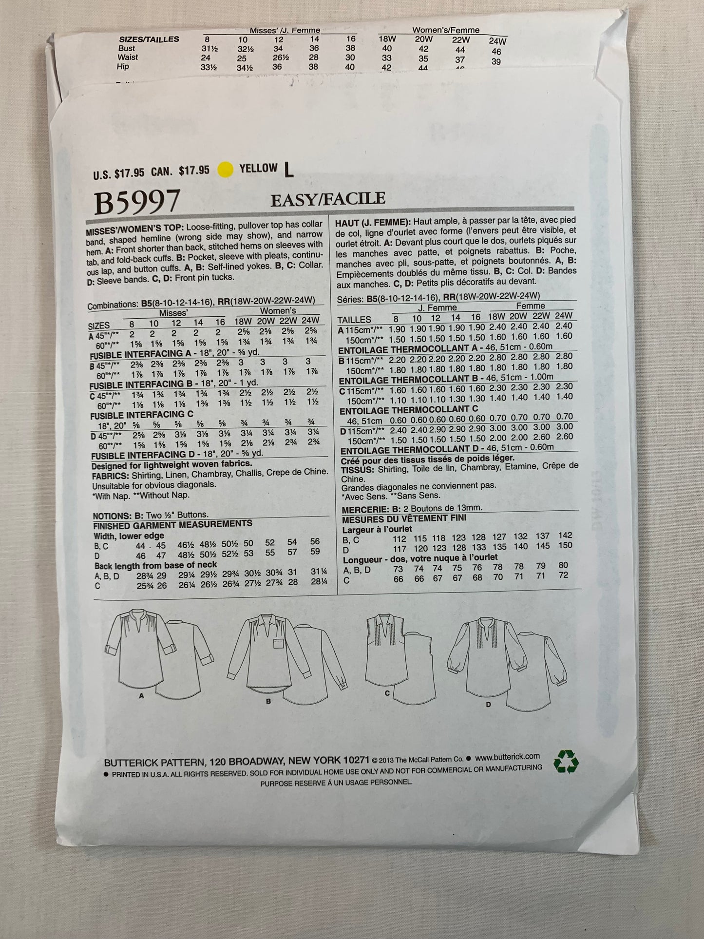Butterick B5997 Misses' Tops, Size 8-16, Uncut, 2013