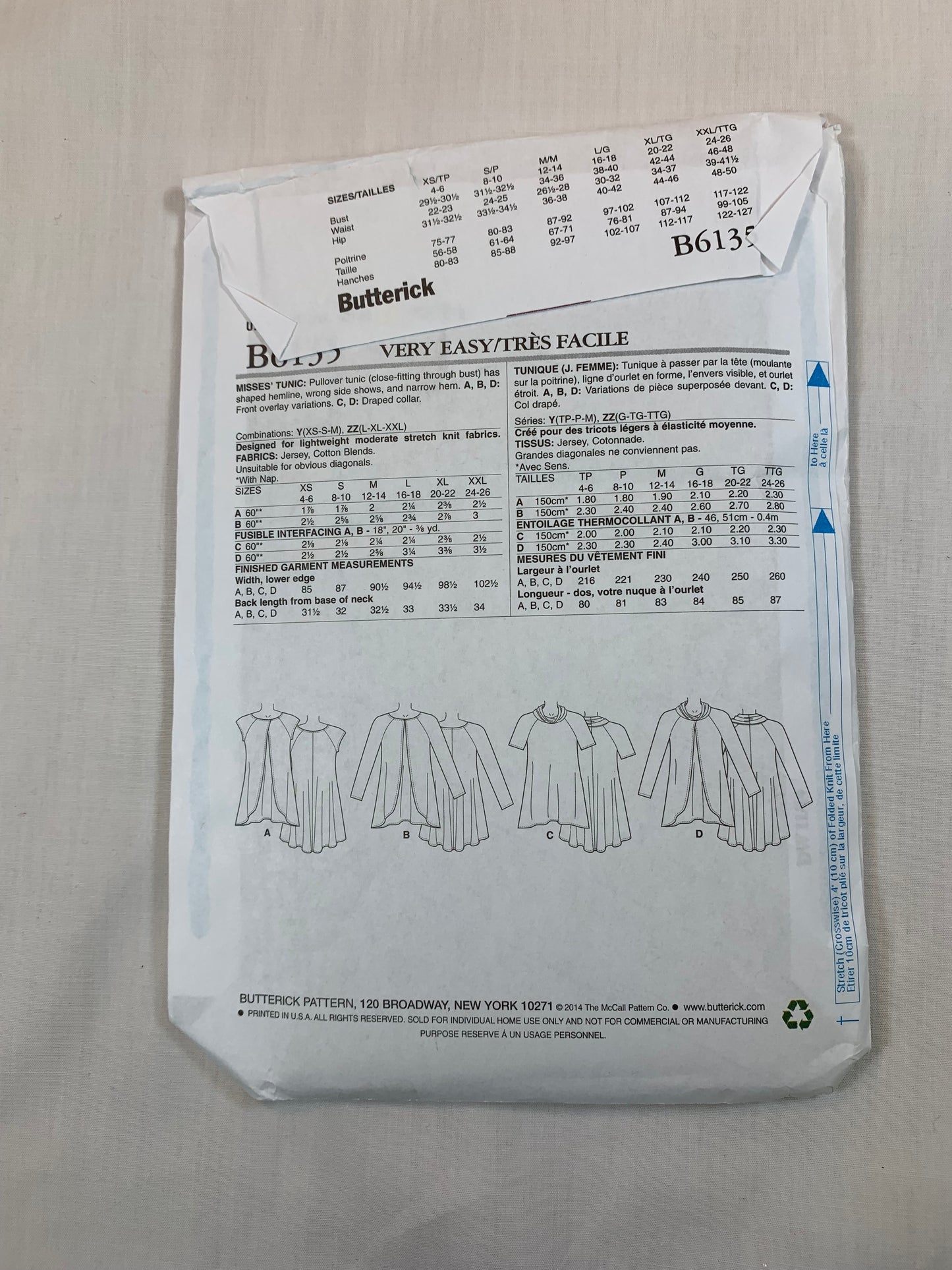Butterick B6135 Misses' Tops, Tunic Size4-14, Uncut, 2014