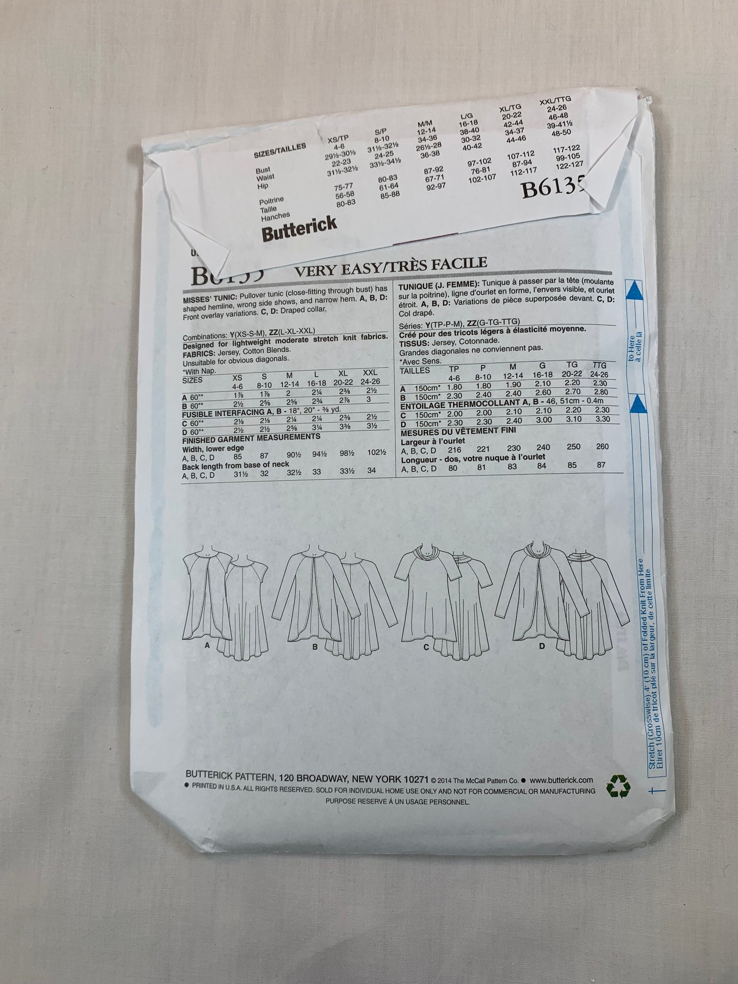 Butterick B6135 Misses' Tops, Tunic Size4-14, Uncut, 2014