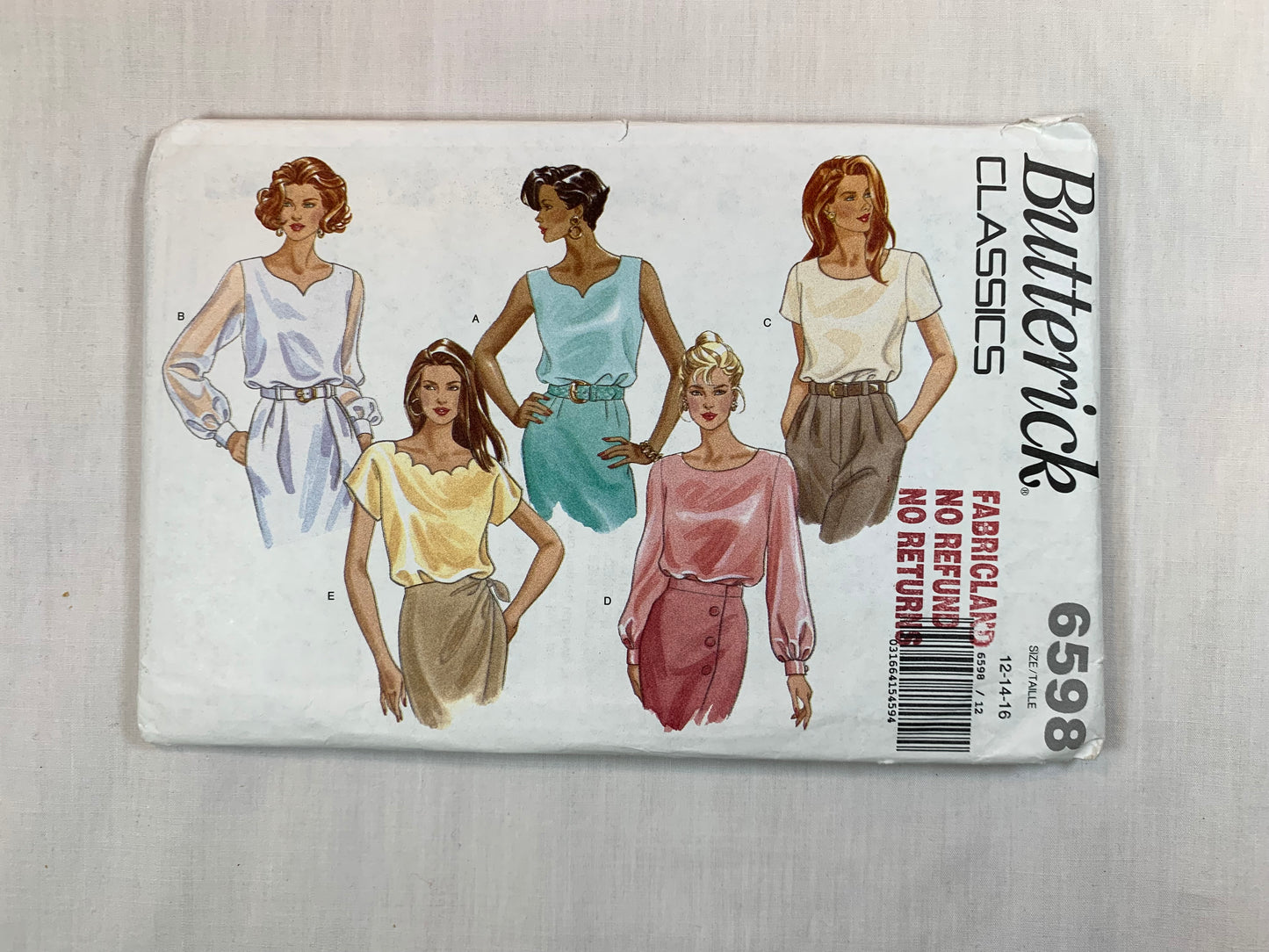 Butterick 6598 Misses' Blouse, Top, Size 12-16, Uncut, 2001