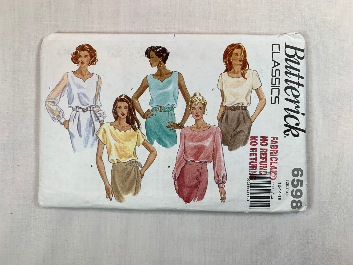 Butterick 6598 Misses' Blouse, Top, Size 12-16, Uncut, 2001