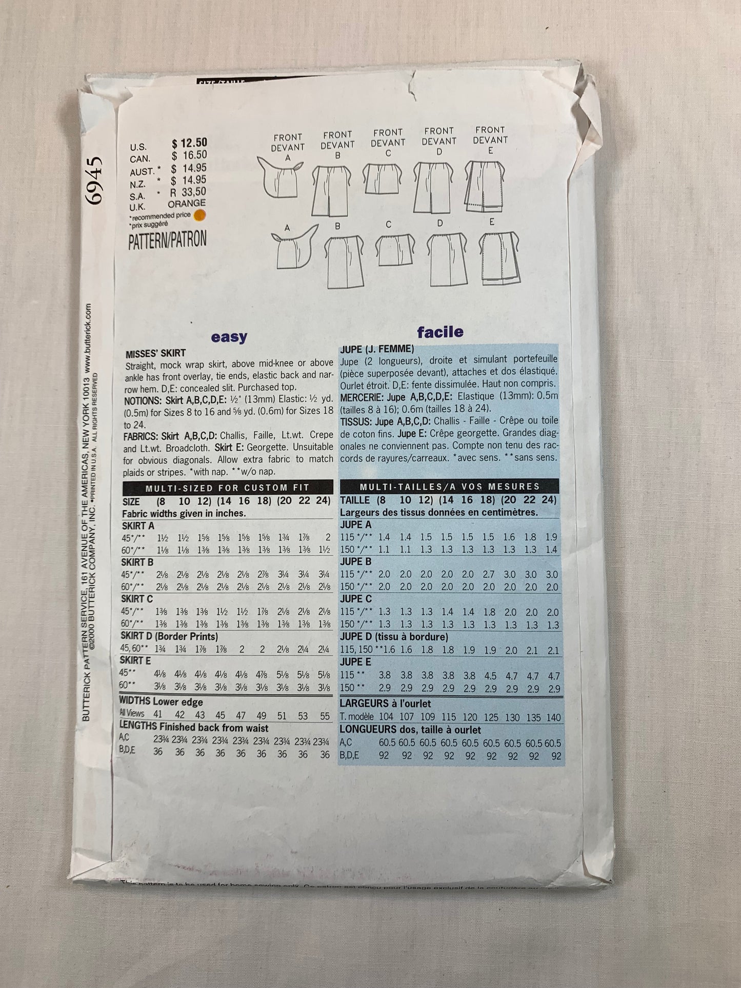 Butterick 6945 Misses' Skirts, Size 20-24, Uncut, 2000