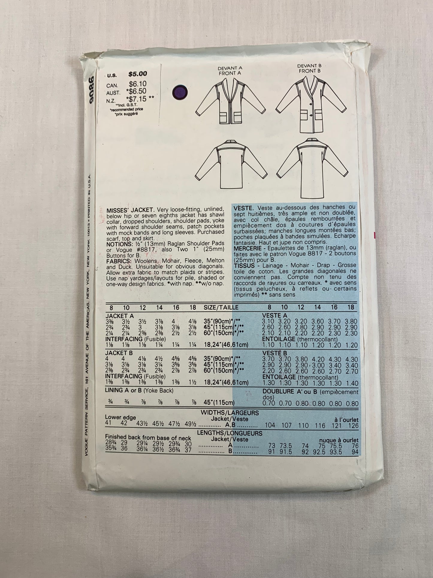 Vogue 9086 Misses' Jacket, Size 8-12, Uncut, Vintage 1985