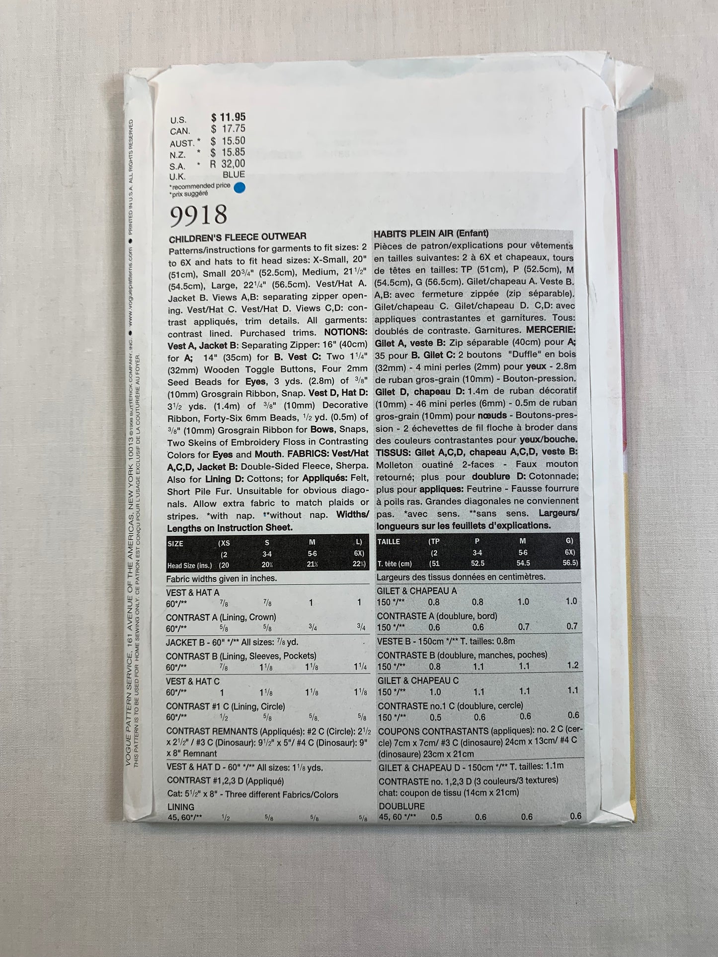 Vogue 9918 Girls' Children's Fleece Outwear, Coat, Vest, Hat, Jacket, Size 2-6x, Uncut, Vintage 1998