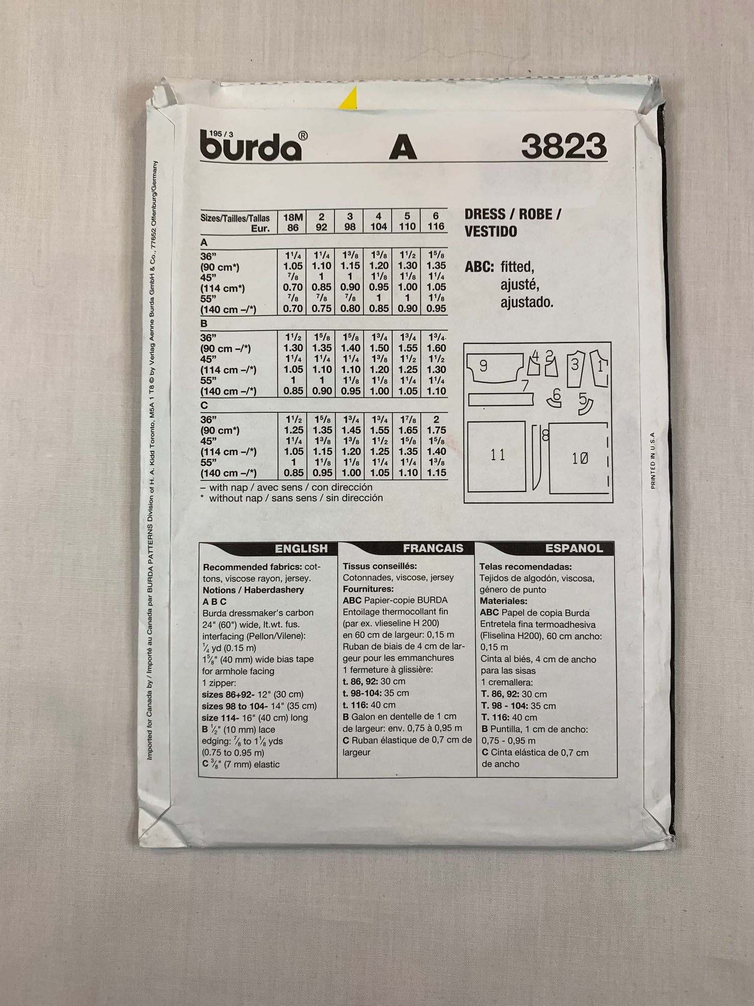 Burda Sewing Pattern 3823 Girls' Dress, Short Sleeves, Sleeveless, Fitted, High Waist, Flared, Size 18Mths-6, Uncut, 2001