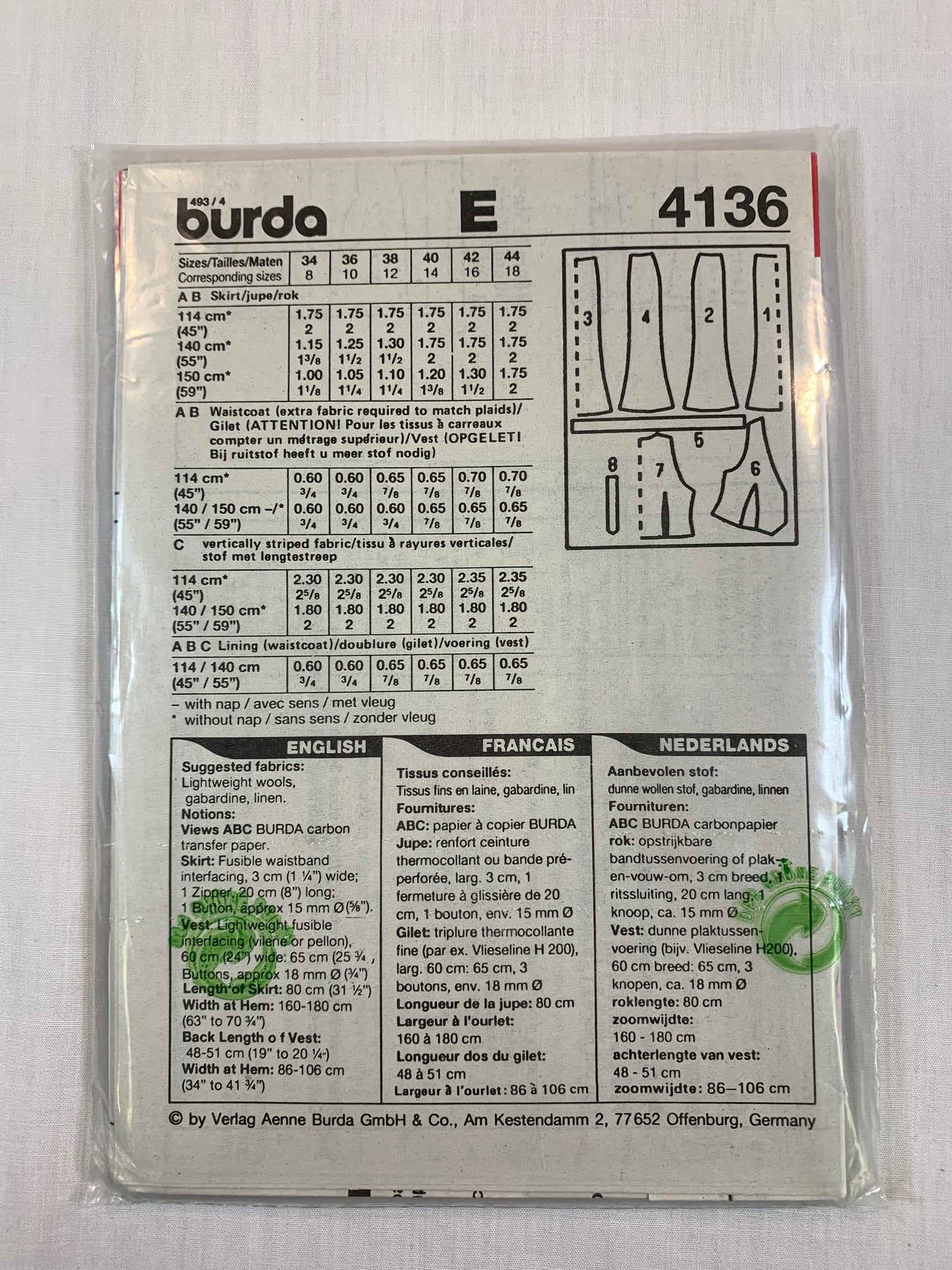 Burda Sewing Pattern 4136 Misses' Skirt, Vest, Waistcoat, Button Front, Zipper Back, Sleeveles, Size 8-18, Uncut, 2002