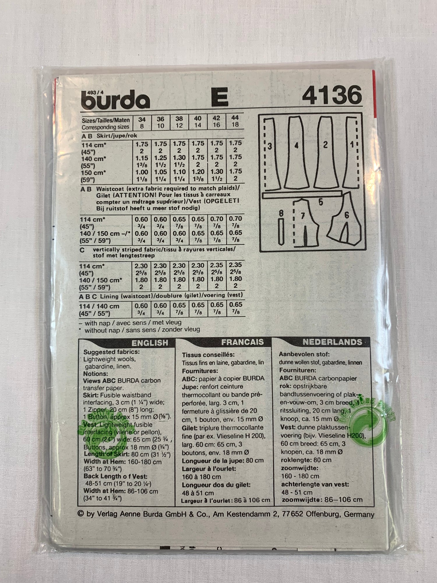 Burda Sewing Pattern 4136 Misses' Skirt, Vest, Waistcoat, Button Front, Zipper Back, Sleeveles, Size 8-18, Uncut, 2002