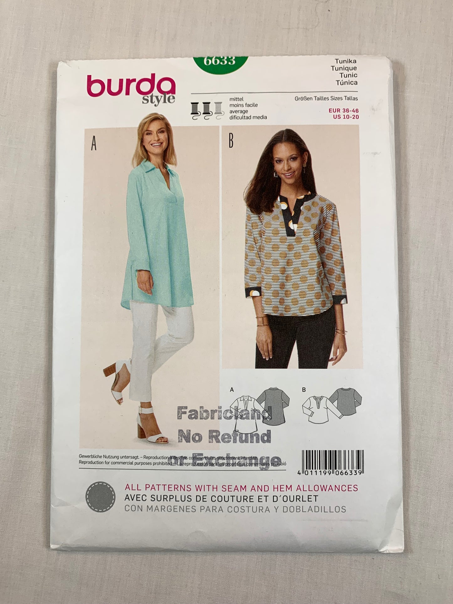 Burda Sewing Pattern 6633 Misses' Top, Tunic, Pullover, V-Neckline, Long/Short Sleeves, Two Lengths, Size 10-20, Uncut, 2000