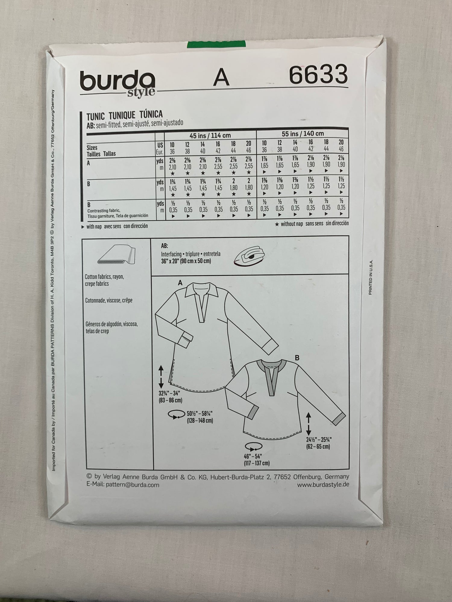 Burda Sewing Pattern 6633 Misses' Top, Tunic, Pullover, V-Neckline, Long/Short Sleeves, Two Lengths, Size 10-20, Uncut, 2000