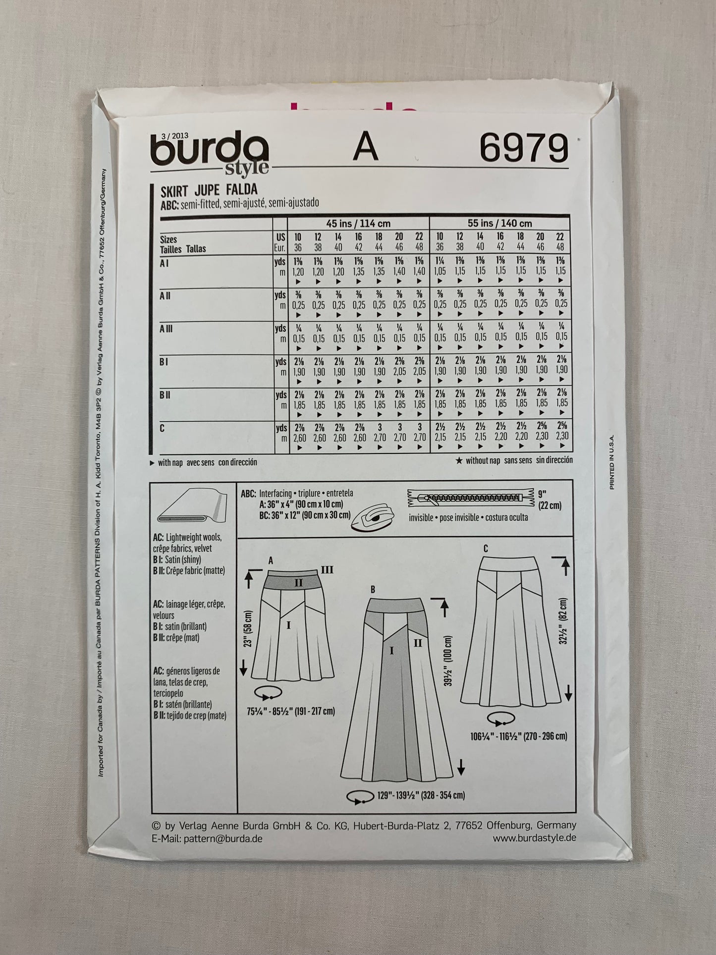 Burda Sewing Pattern 6979 Misses' Skirt, 3 Variations, Three Lengths, Zipper Back, Size 10-22, Uncut, Vintage 1996